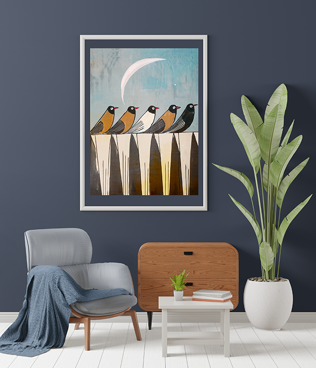 Midwest Modern Birds on a Fence Art Print - Matte Canvas, Stretched, 1.25"