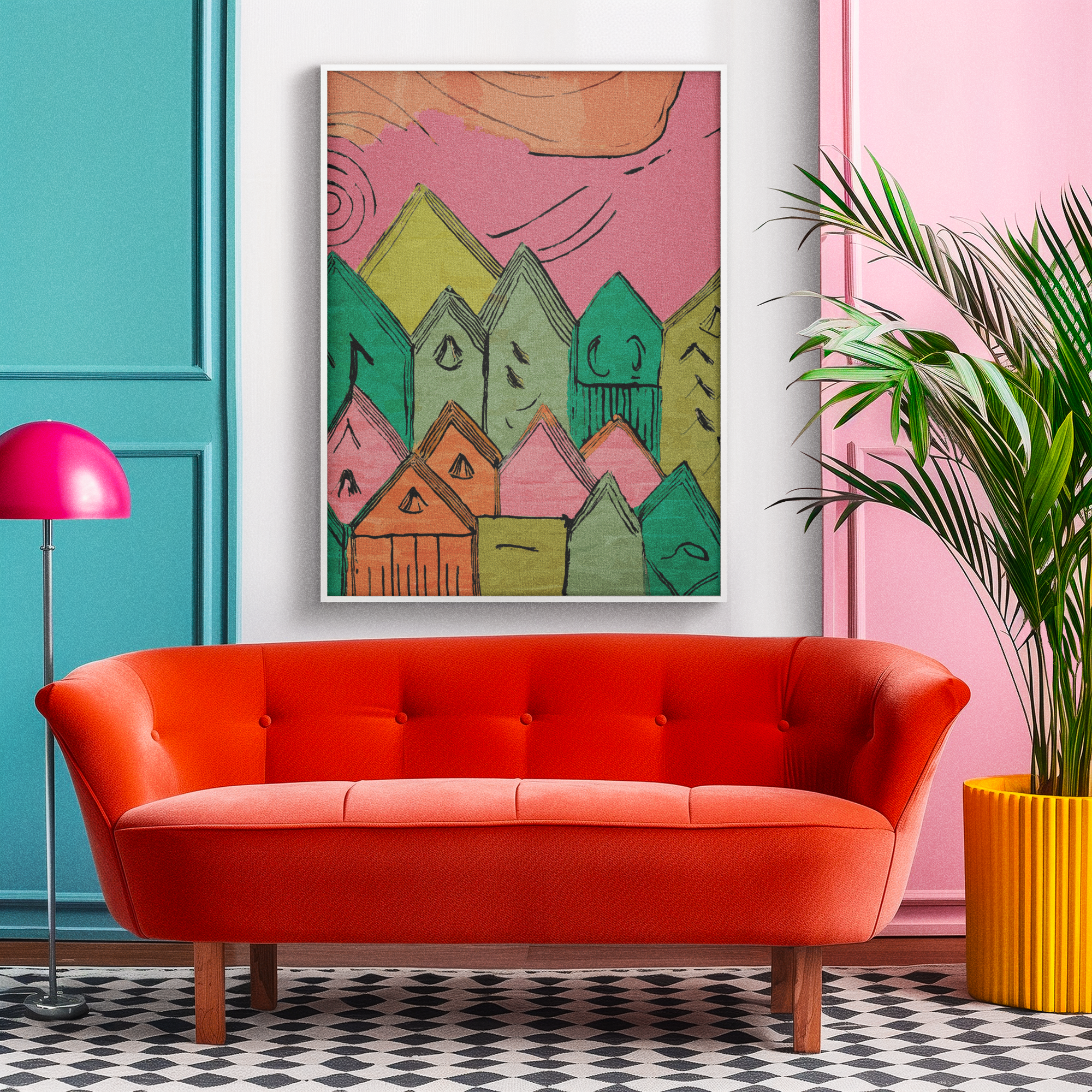 Little Pink Houses Modern Graphic Art Print - Matte Canvas, Stretched, 1.25"