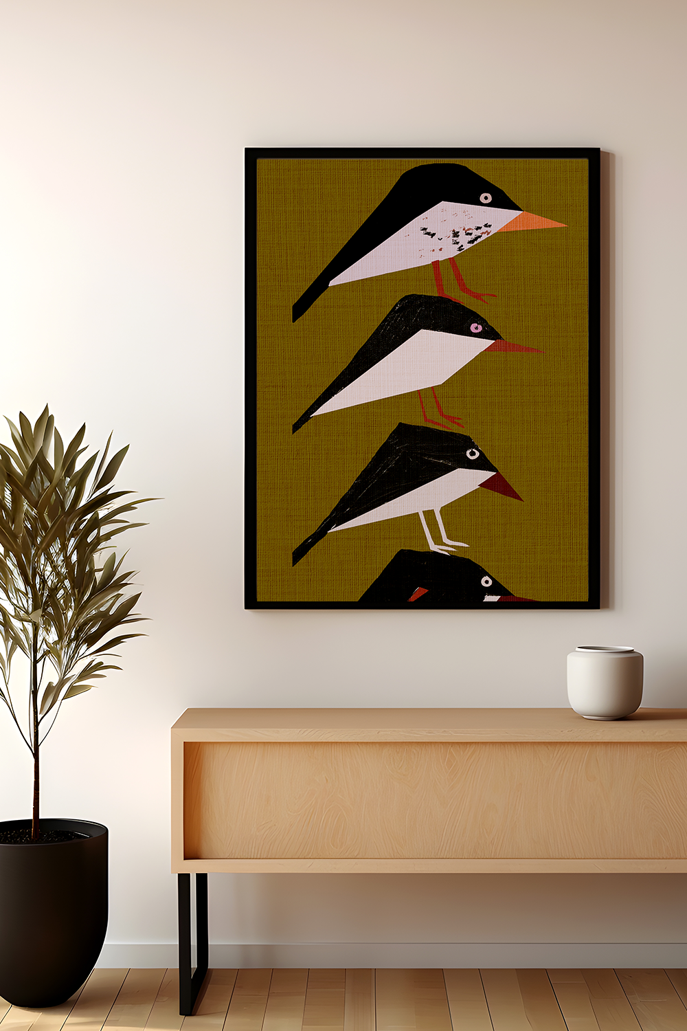 Midwest Modern Retro Stack of Birds In Yellow Art Print - Matte Canvas, Stretched, 1.25"