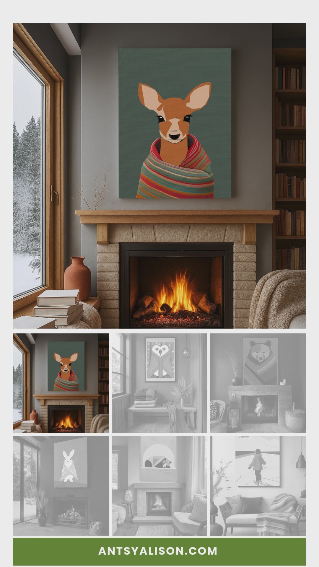 Midwest Mod Sleepy Bear with Blanket Winter Print- Matte Canvas, Stretched, 1.25", holiday decor, winter, cozy, bears, blankets