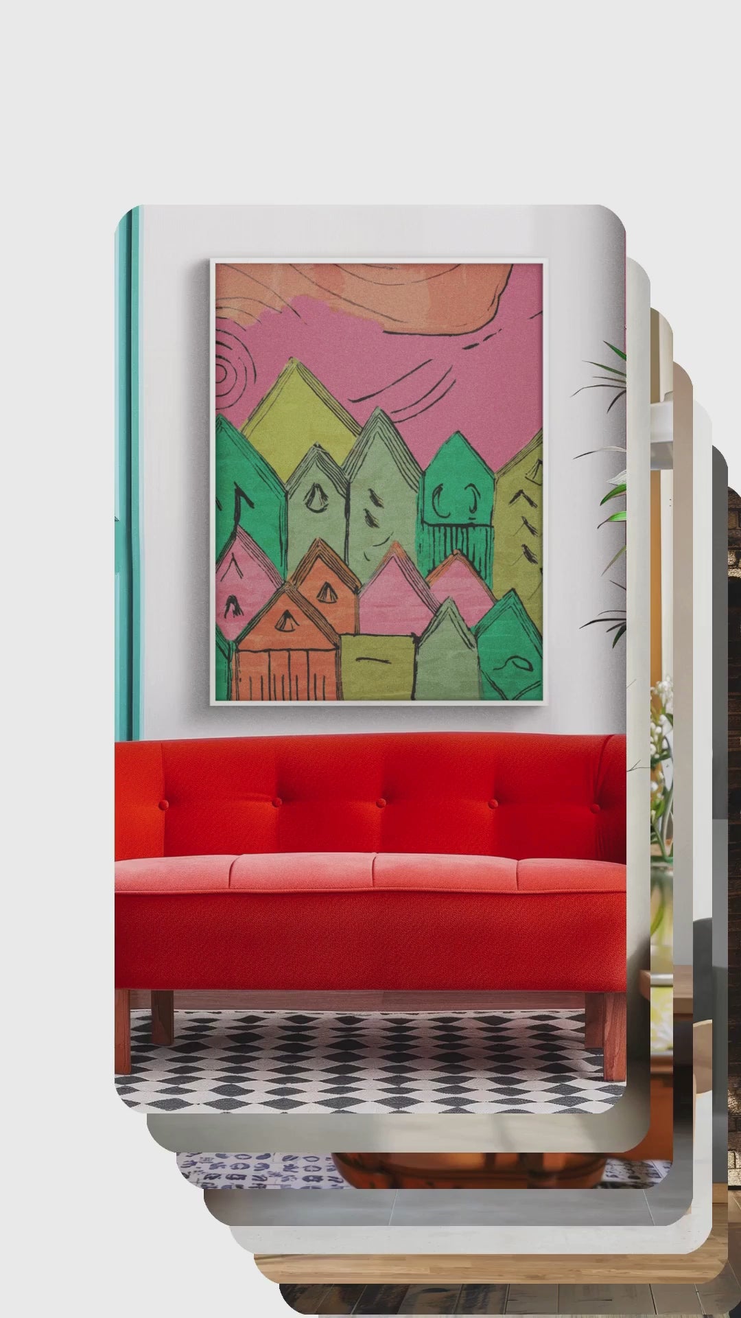 Little Pink Houses Modern Graphic Art Print - Matte Canvas, Stretched, 1.25"