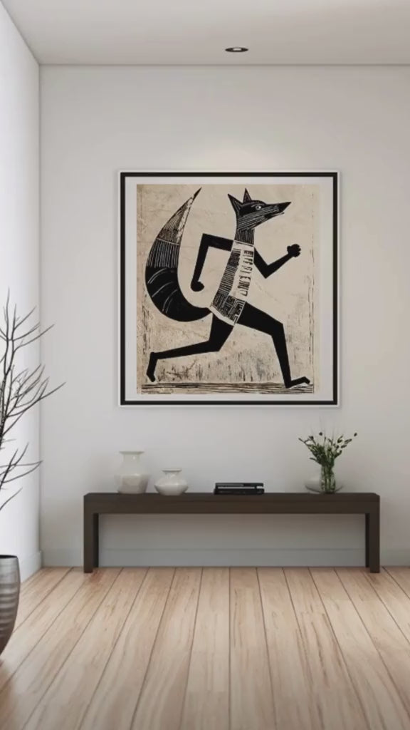 Folk Art Inspired Whimsical Running Fox Art Print -Matte Canvas, Stretched, 1.25"