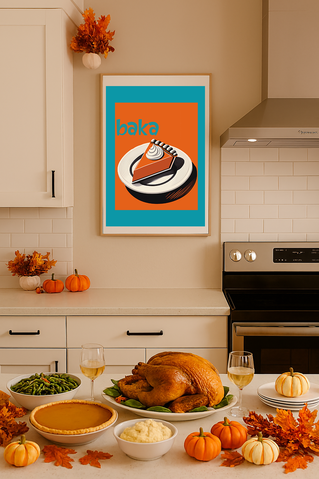 Midwest Mod Holiday Thanksgiving Christmas Pop Art Pumpkin Pie Print- Matte Canvas, Stretched, 1.25", holiday decor, Christmas, pumpkin pie, baka