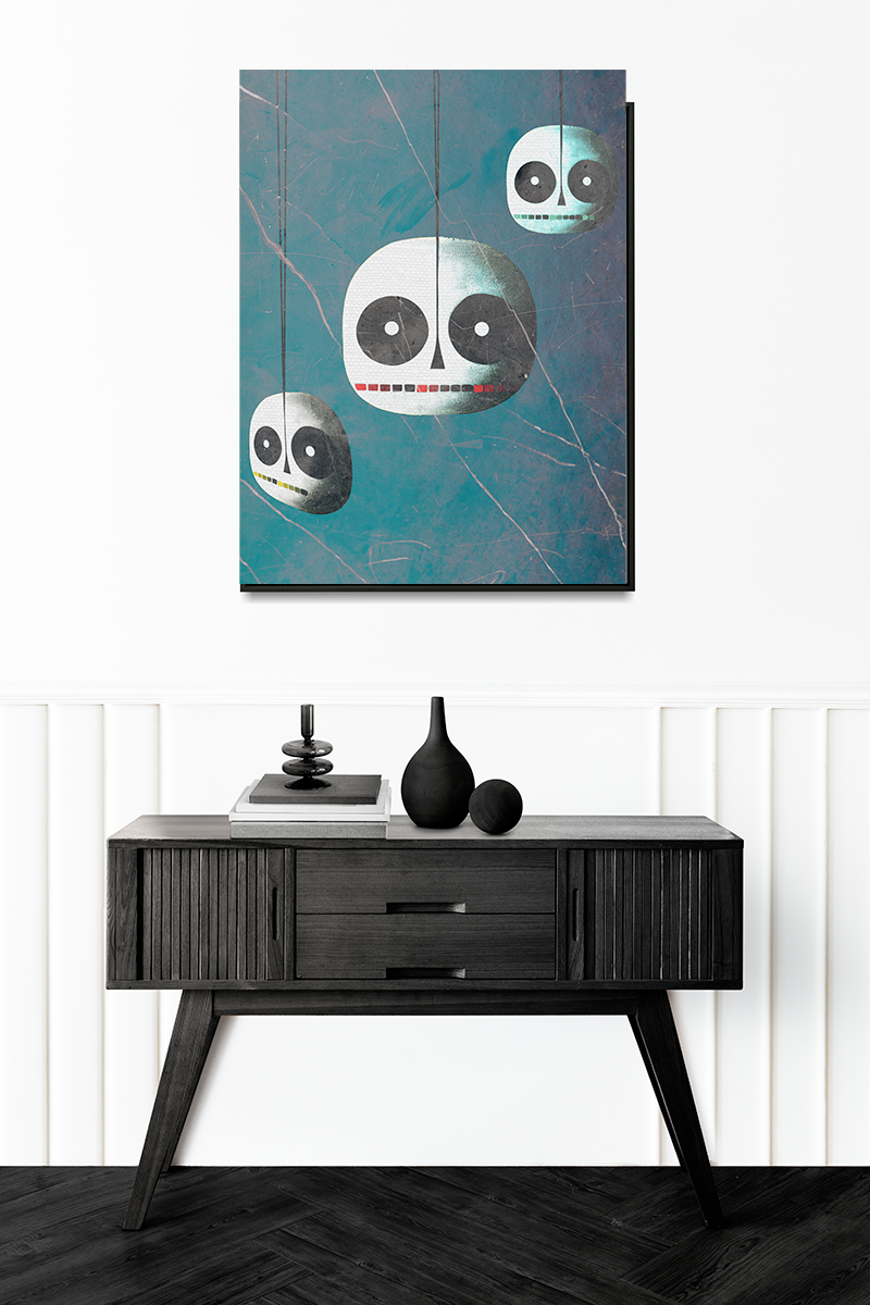 Midwest Mod Skeleton Skull Heads Seasonal Silk Poster, Indoor and Outdoor Decor, Unique Home Decor, Seasonal Decor, Halloween, skeleton heads