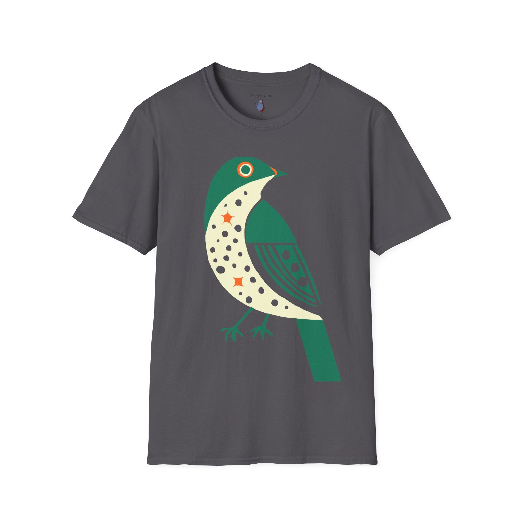 Green and Orange Moon Bird Graphic Art Tee - 100% Cotton T-Shirt