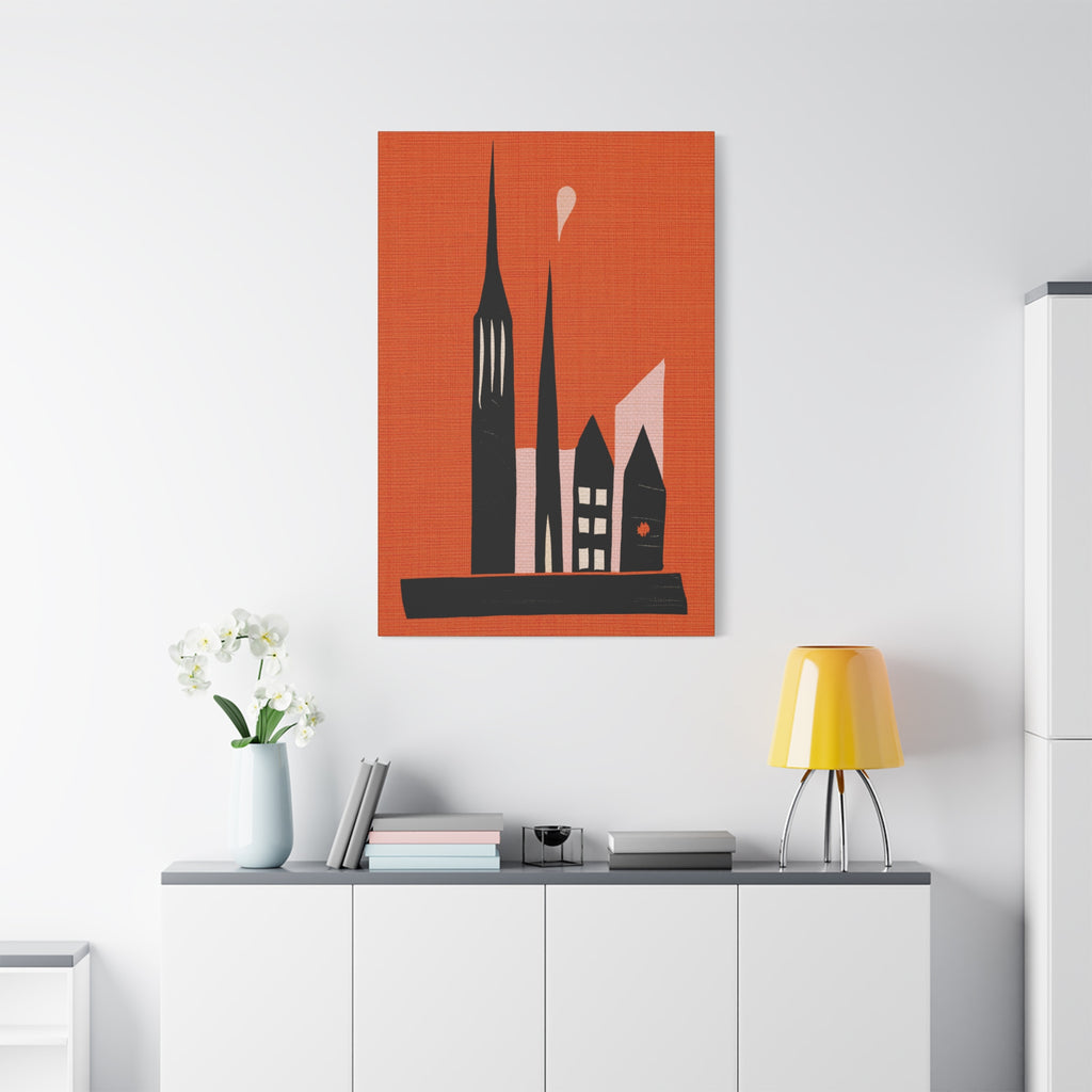 Midwest Modern Small Town Skyline in Orange - Matte Canvas, Stretched, 1.25"