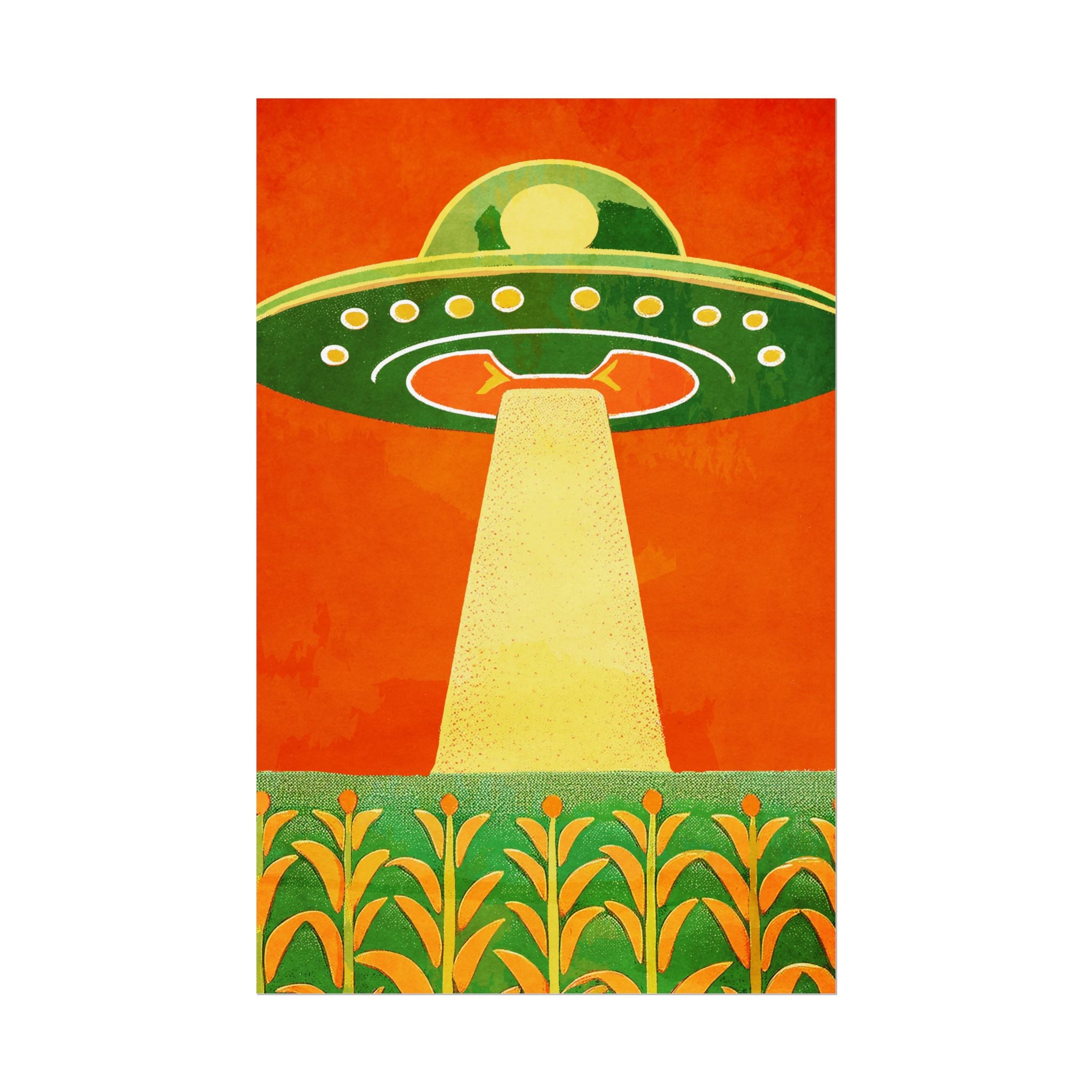 UFO Flying Saucer UAP Art Rolled Poster -  Retro Sci‑Fi Cornfield Print