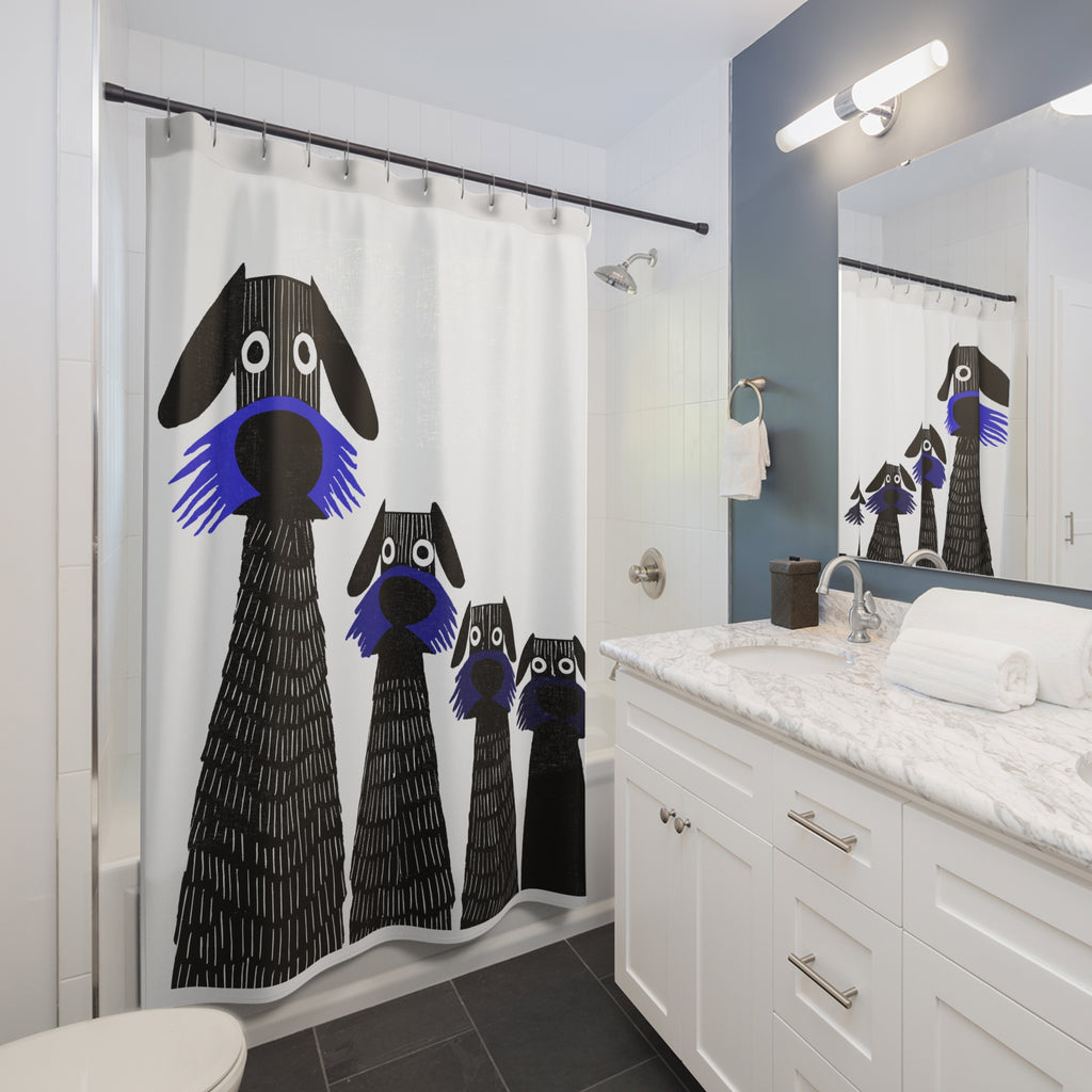 Retro Inspired Wide Eyed Dogs Shower Curtain Primary Blue Gradient