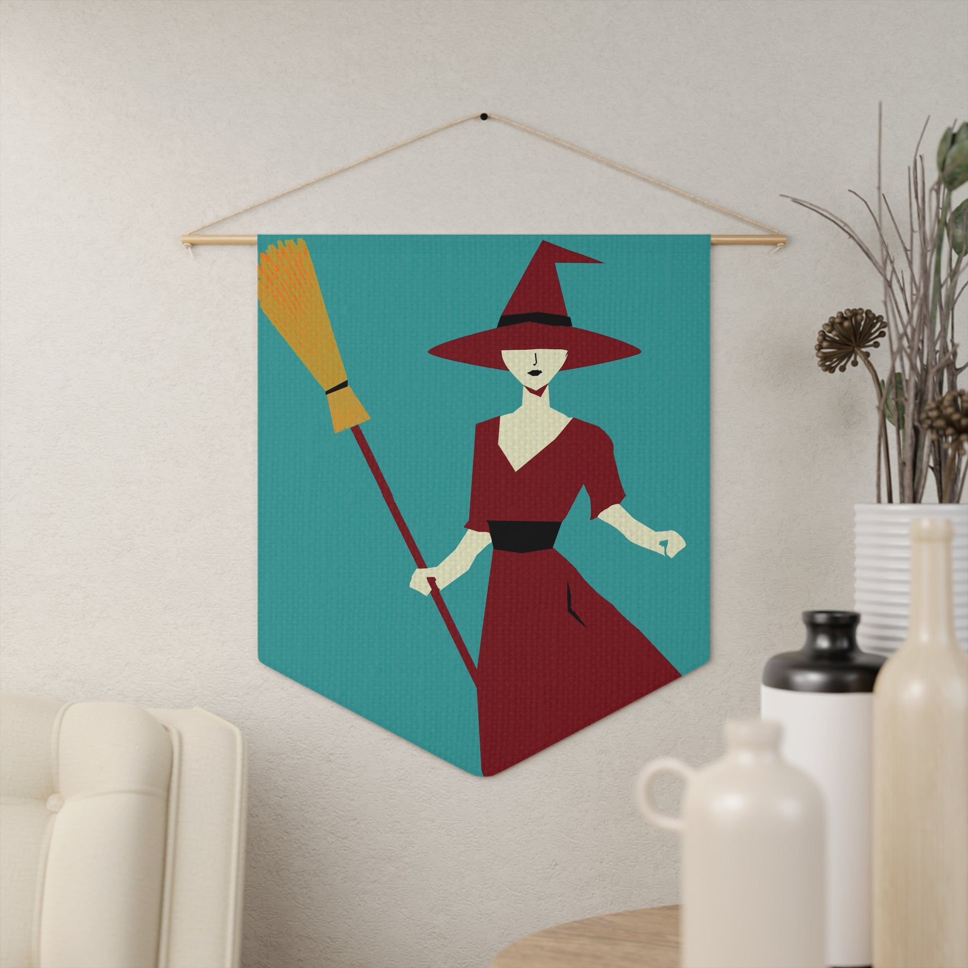 Midwest Mod Witch and Broom Pennant Banner - Halloween Decor, Wall Hanging, Boo Decoration, Party Accessory, Gift Idea