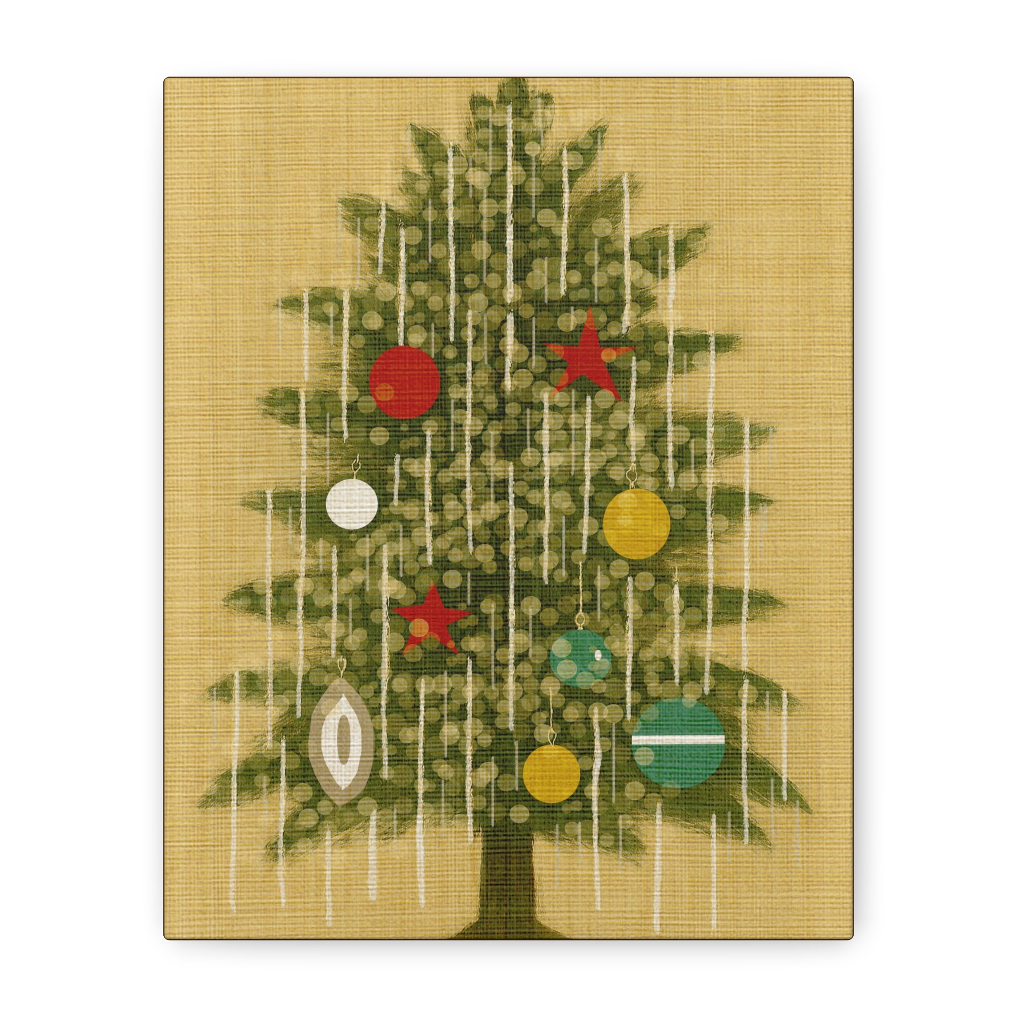 Midwest Mod Seasonal Christmas Art Print -Vintage Tinsel Adorned Tree- Matte Canvas, Stretched, 1.25"
