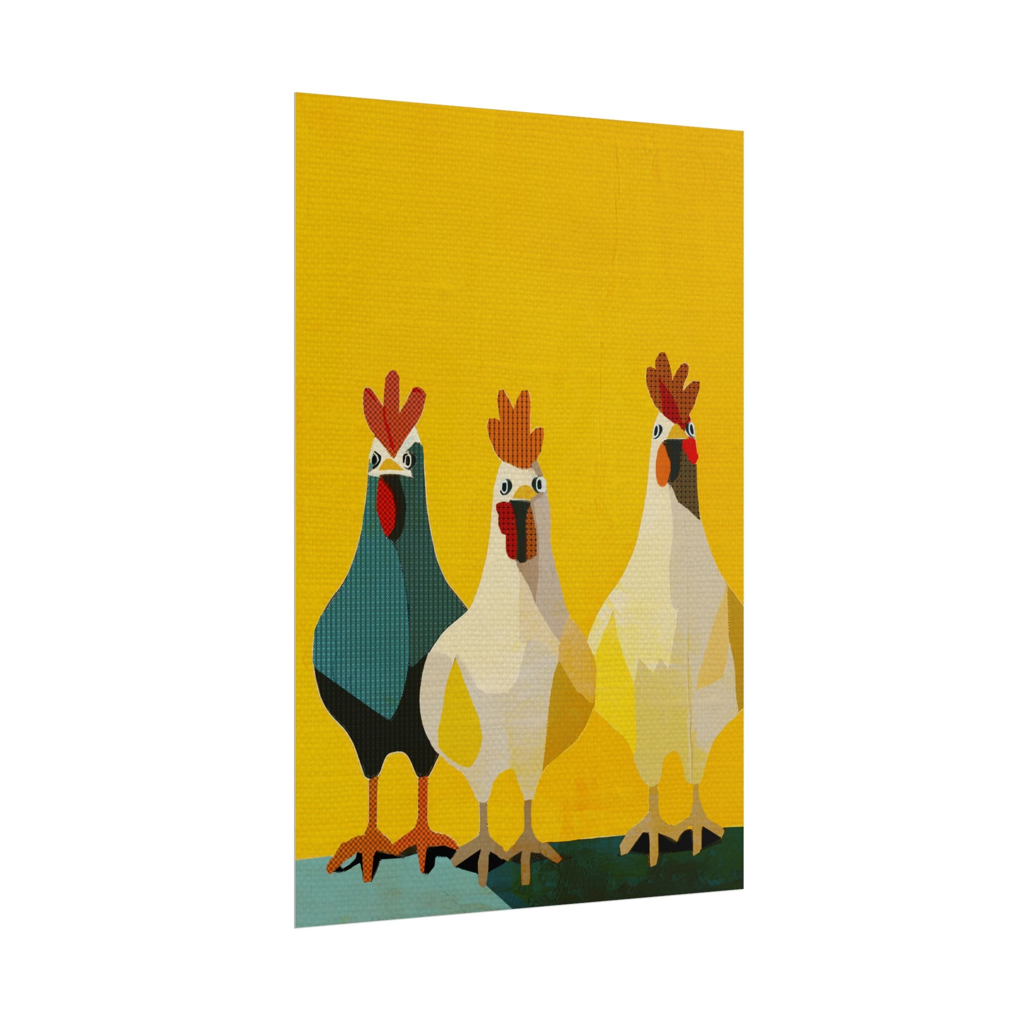 Midwest Modern Pop Art Chicken Trio Two Print Rolled Poster | Farmhouse Wall Art, Rustic Decor, Animal Print, Kitchen Decor, Gift For Chicken Lovers