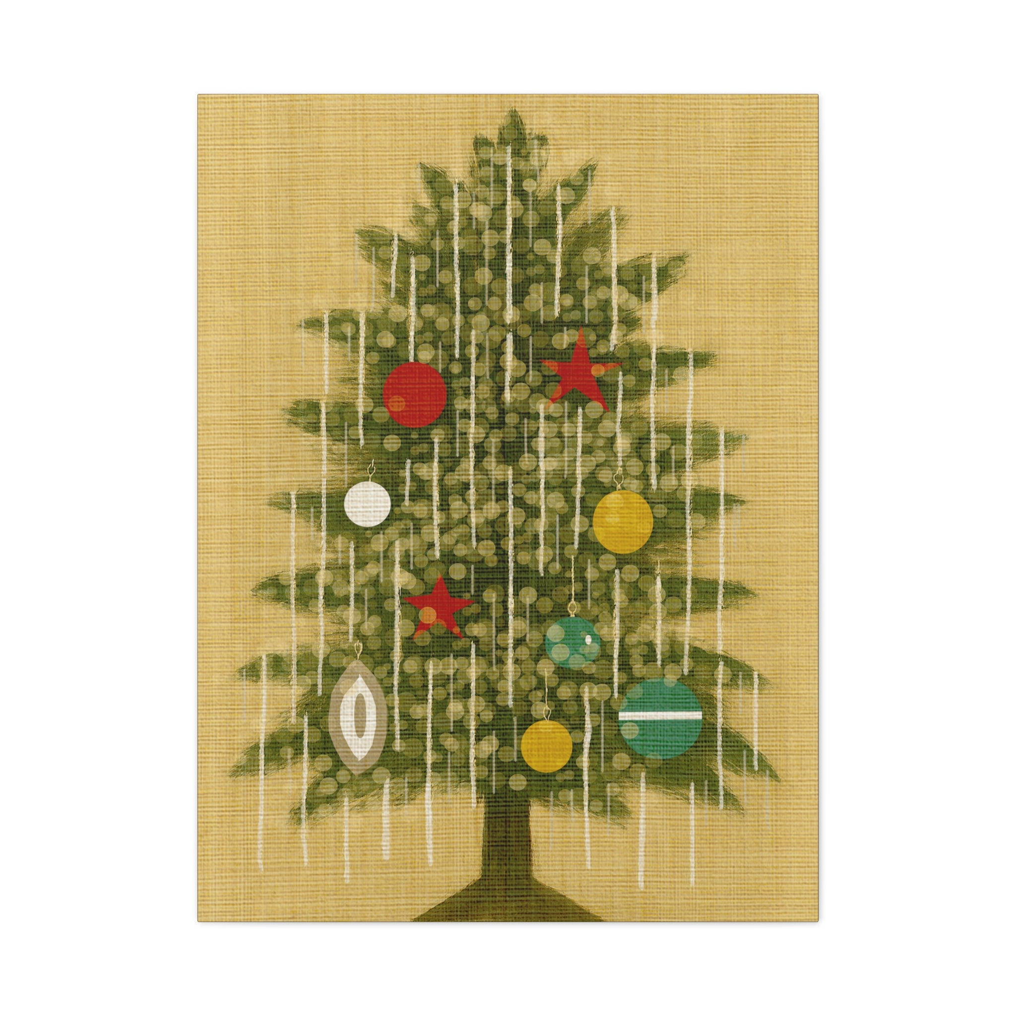 Midwest Mod Seasonal Christmas Art Print -Vintage Tinsel Adorned Tree- Matte Canvas, Stretched, 1.25"