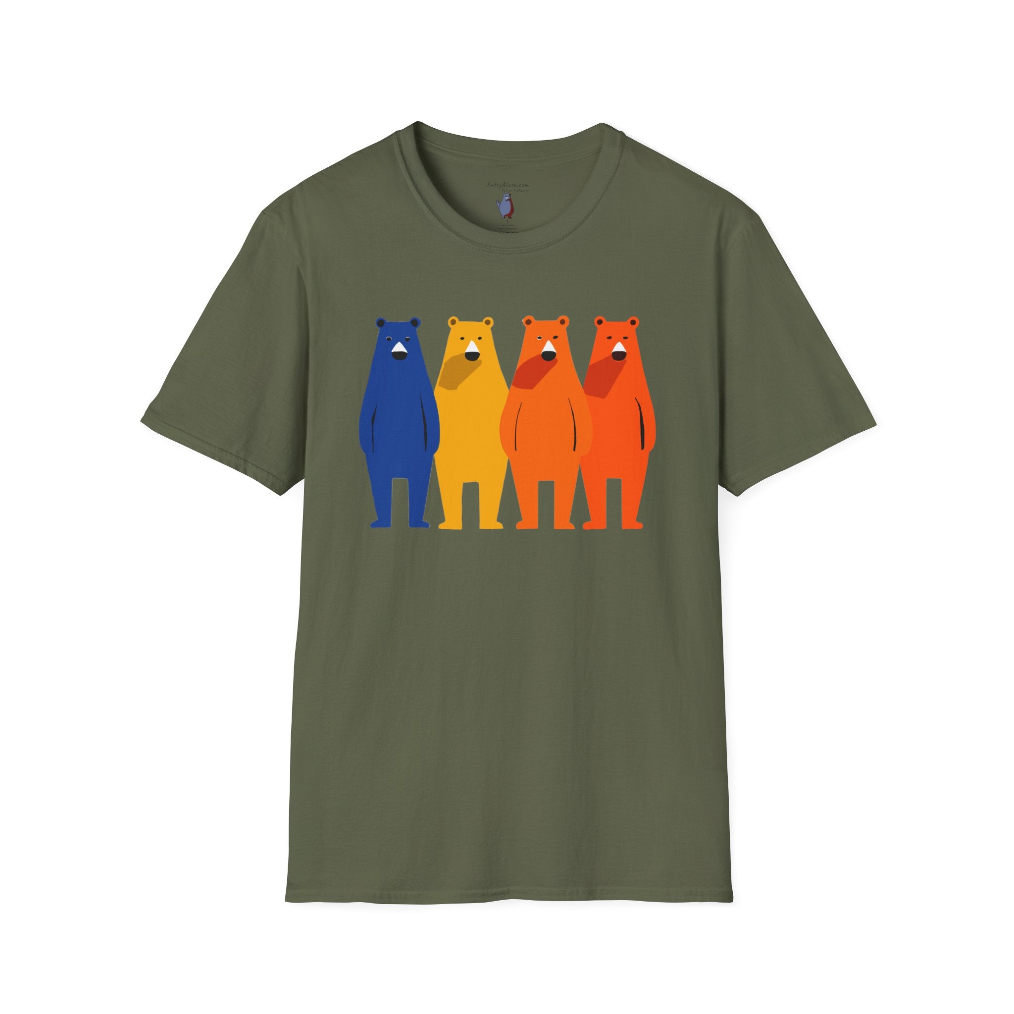Midwest Modern Primary Row of Four Standing Bears - 100% Cotton Graphic Tee - animal lovers, primary colors, bears