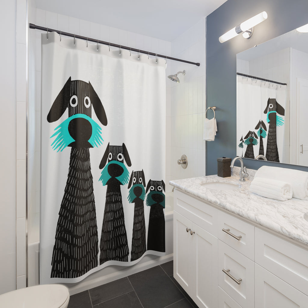 Retro Inspired Wide Eyed Dogs Shower Curtain Turquoise Blue Gradient