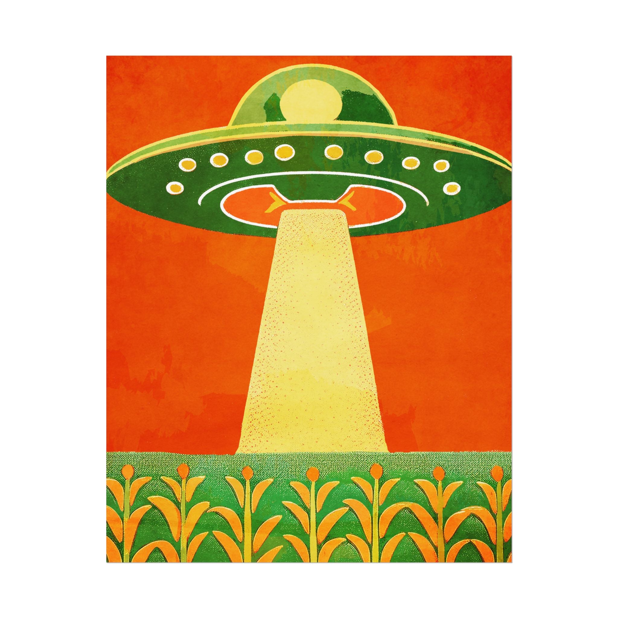 UFO Flying Saucer UAP Art Rolled Poster -  Retro Sci‑Fi Cornfield Print