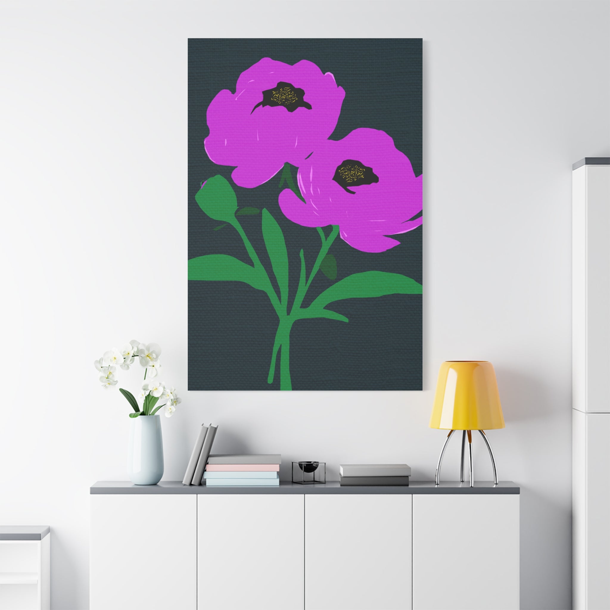 Modern Abstract Pink Peony Peonies with Navy Blue - Matte Canvas, Stretched, 1.25"
