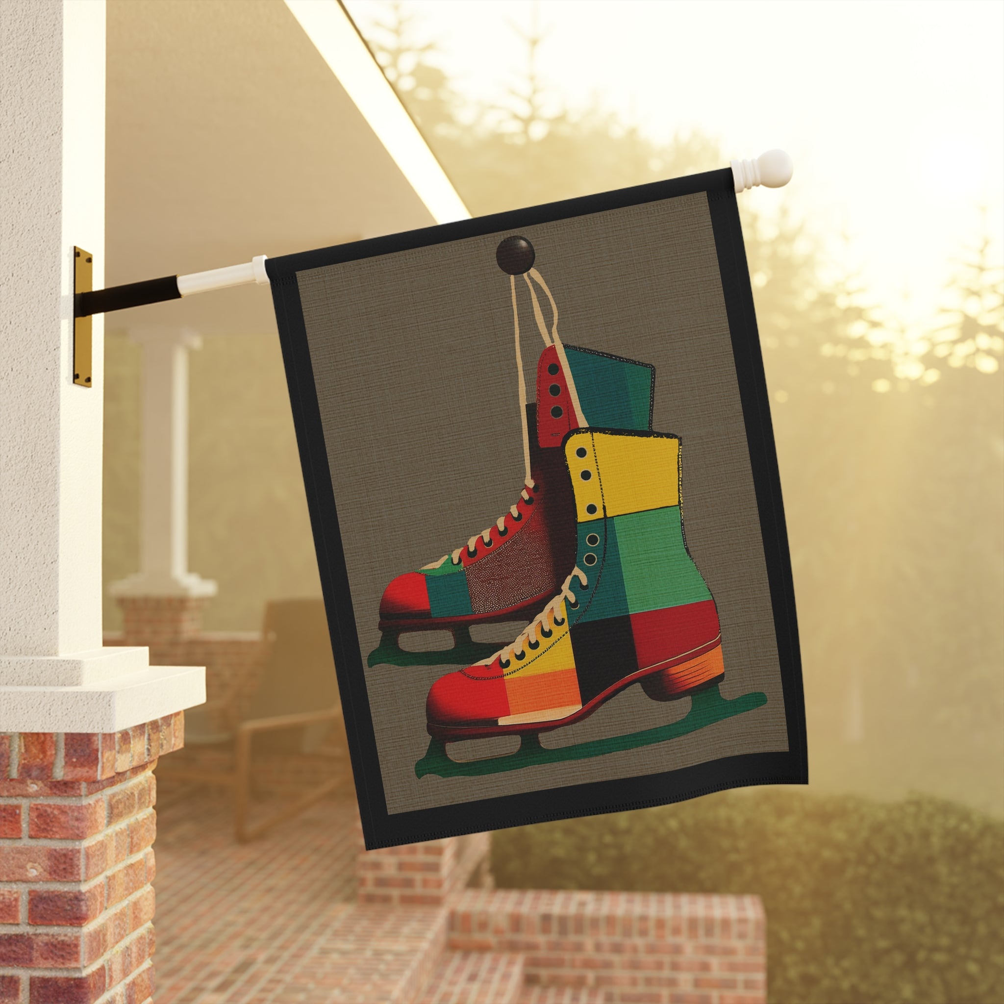 Seasonal Winter Midwest Mod Pair of Ice Skates in Plaid Outdoor House Flag Garden Banner