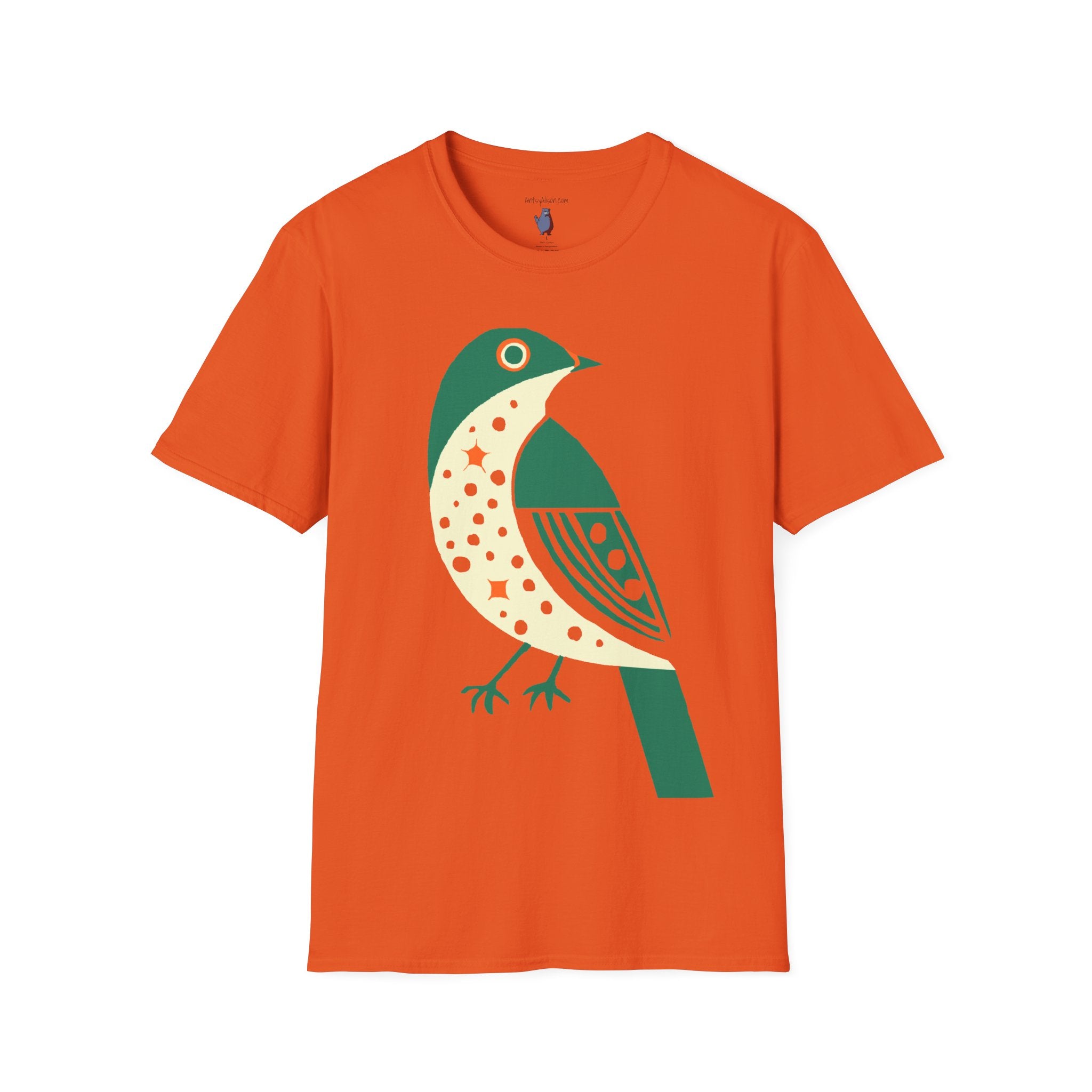 Green and Orange Moon Bird Graphic Art Tee - 100% Cotton T-Shirt