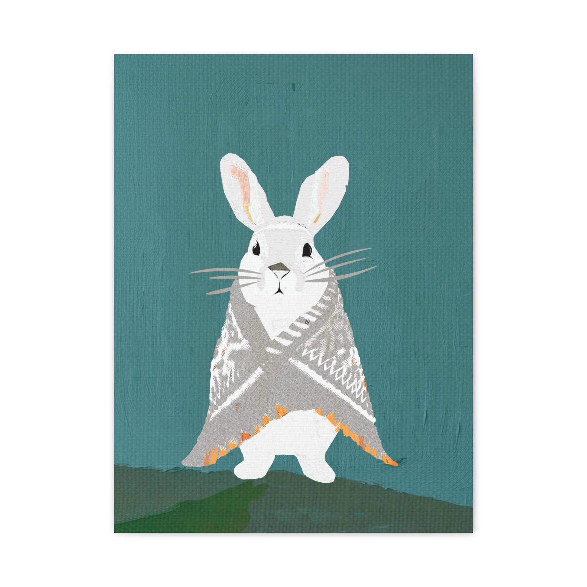Midwest Mod Snowshoe Hare Bunny Rabbit with Blanket Winter Print- Matte Canvas, Stretched, 1.25", holiday decor, winter, cozy, snowshoe hare, bunny rabbit, blankets