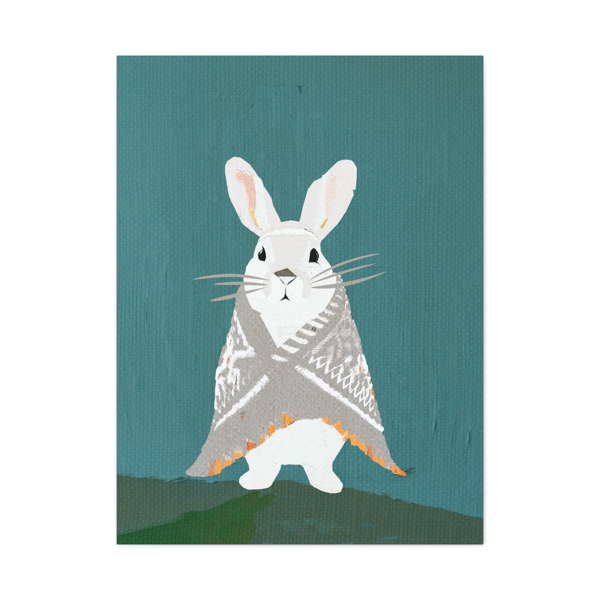 Midwest Mod Snowshoe Hare Bunny Rabbit with Blanket Winter Print- Matte Canvas, Stretched, 1.25", holiday decor, winter, cozy, snowshoe hare, bunny rabbit, blankets