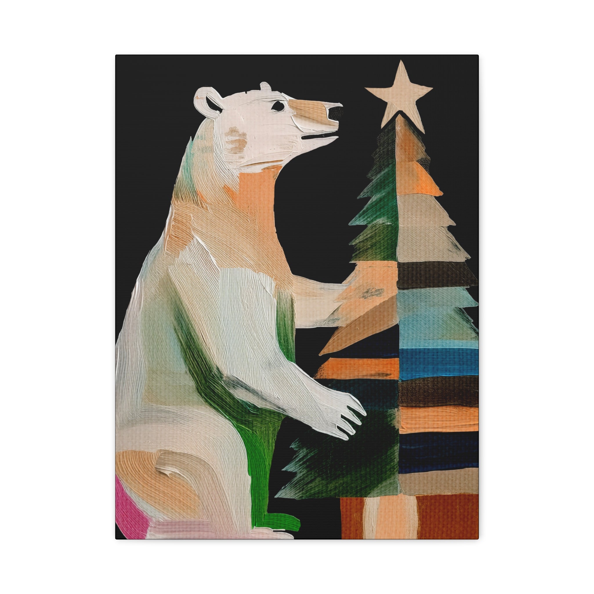 Midwest Mod Seasonal Christmas Art Print - Polar Bear Decorating Tree - Matte Canvas, Stretched, 1.25"