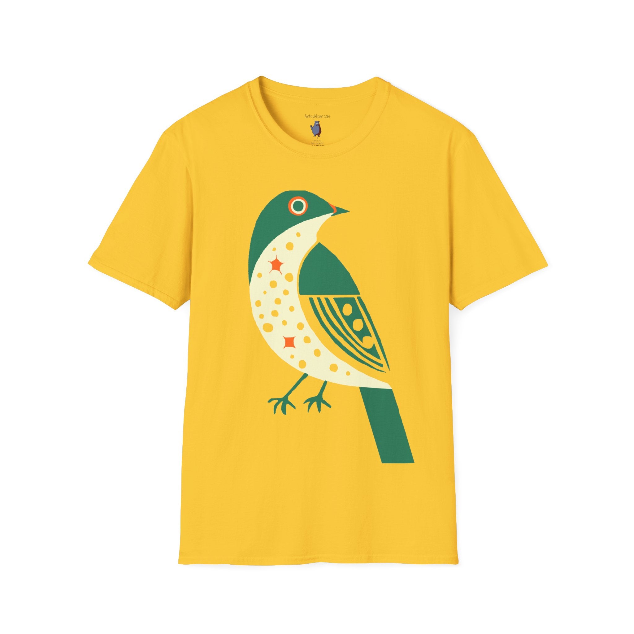 Green and Orange Moon Bird Graphic Art Tee - 100% Cotton T-Shirt