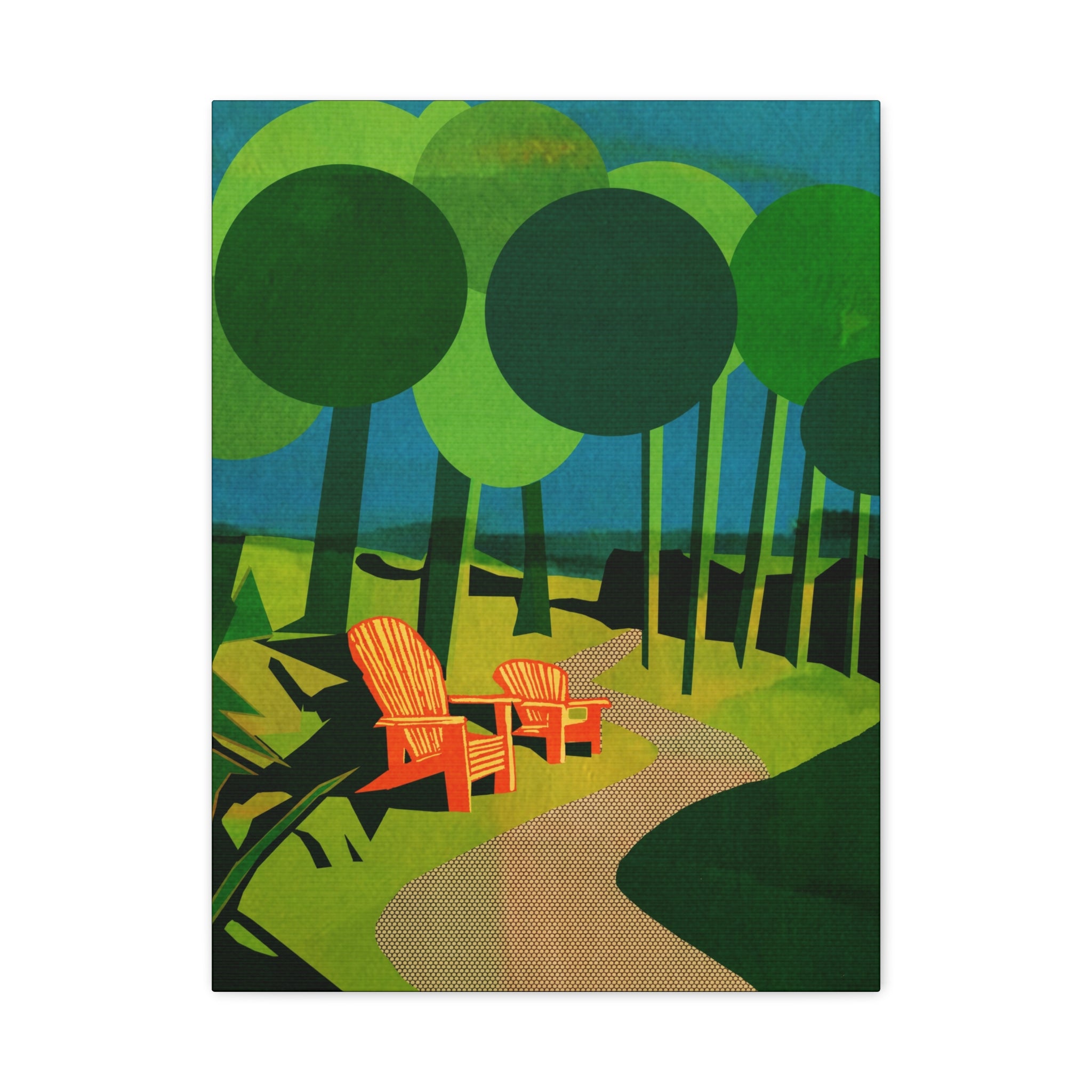 Midwest Modern Camp Adirondack Chairs Art Print - Matte Canvas, Stretched, 1.25" -  home decor, wall art, camp, cabin, cottage, nature, trails