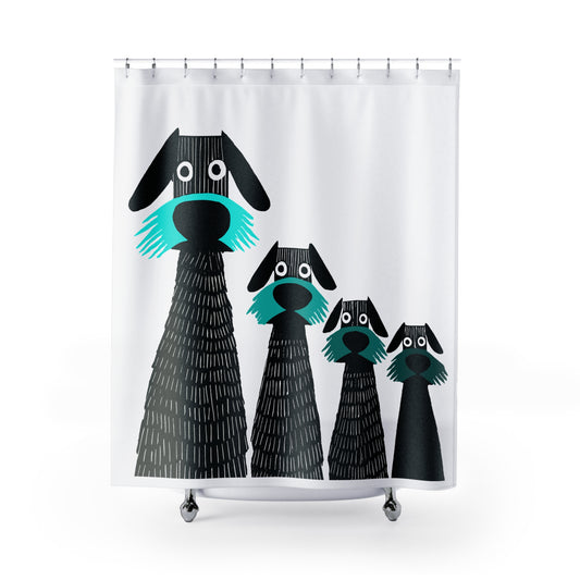 Retro Inspired Wide Eyed Dogs Shower Curtain Turquoise Blue Gradient