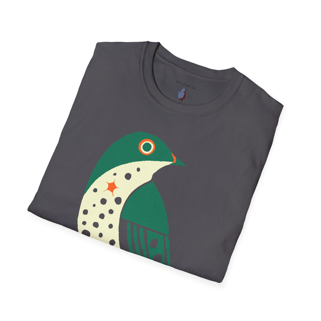 Green and Orange Moon Bird Graphic Art Tee - 100% Cotton T-Shirt