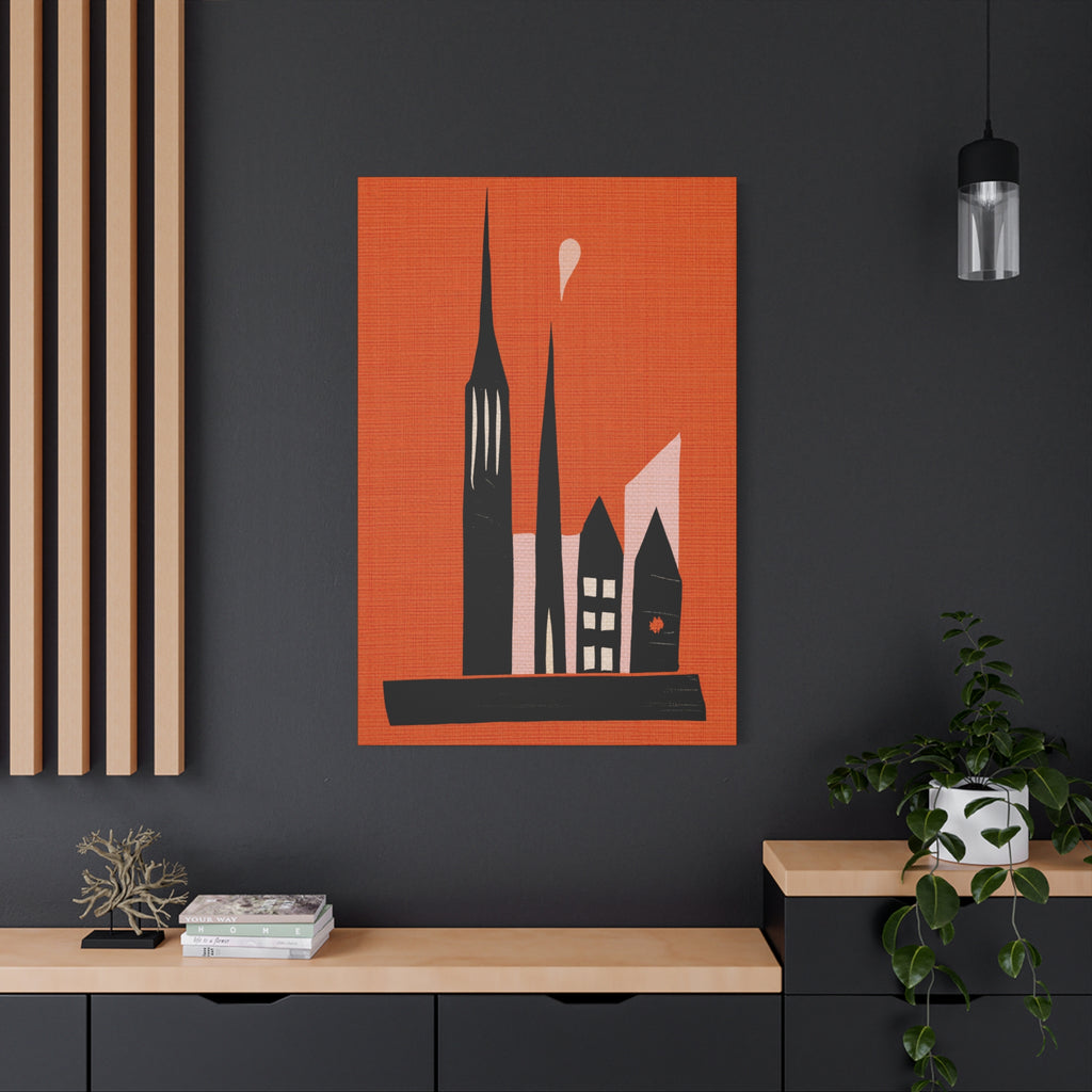Midwest Modern Small Town Skyline in Orange - Matte Canvas, Stretched, 1.25"
