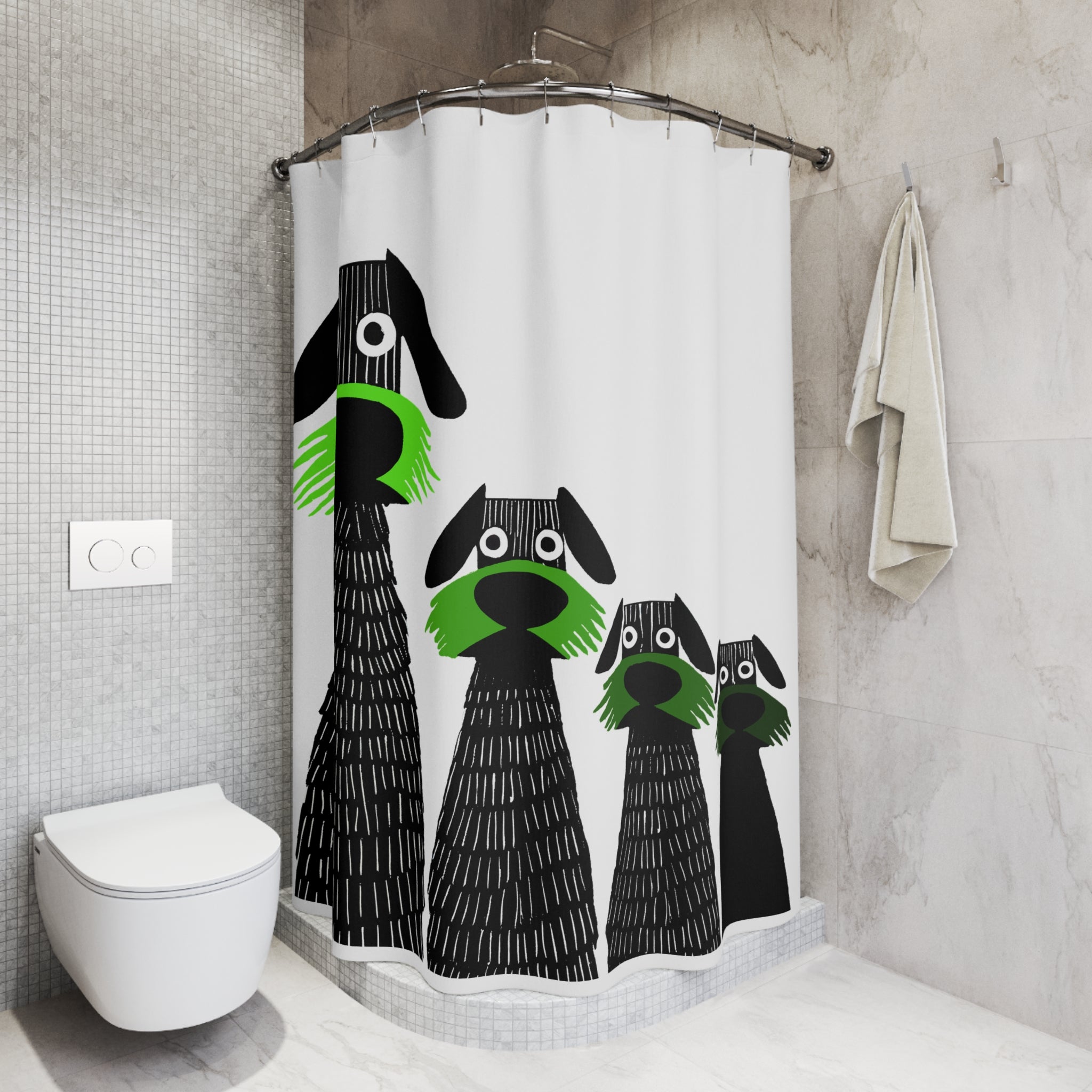 Retro Inspired Wide Eyed Dogs Shower Curtain Green Gradient
