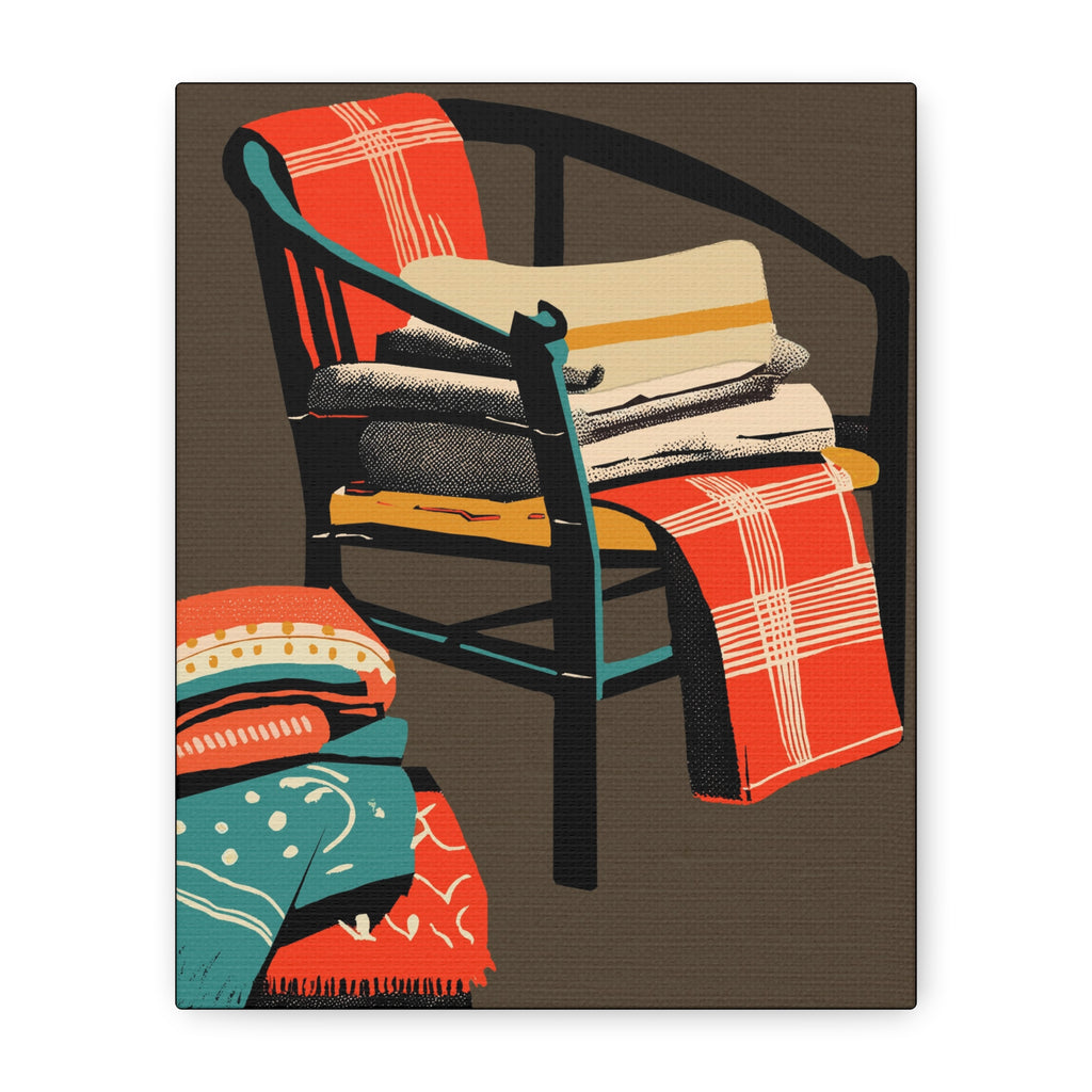 Lake Cabin Camp Chair with Blankets Art Print - Matte Canvas, Stretched, 1.25" -  home decor, wall art, mod chair, blankets, shabby, cabin, camp