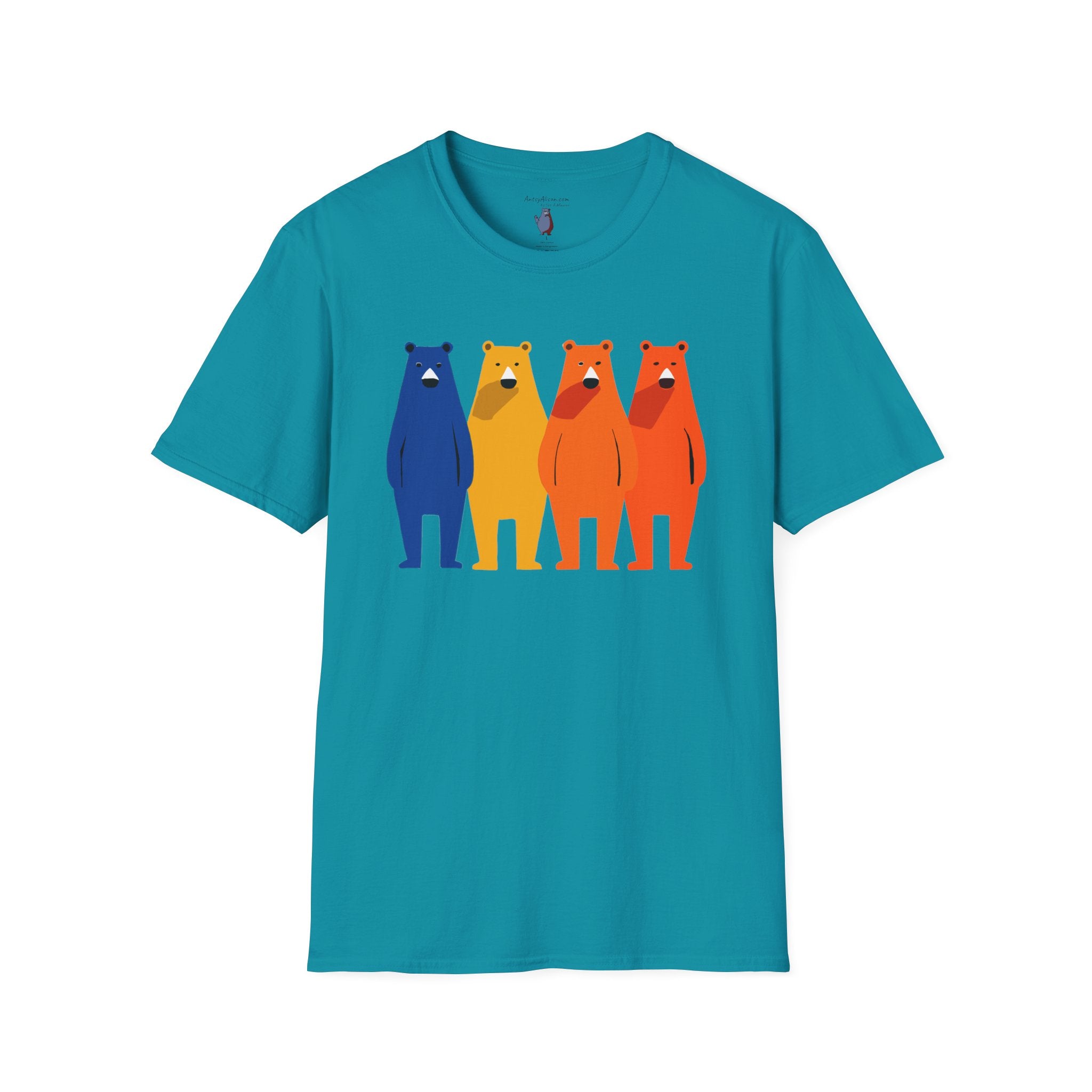 Midwest Modern Primary Row of Four Standing Bears - 100% Cotton Graphic Tee - animal lovers, primary colors, bears