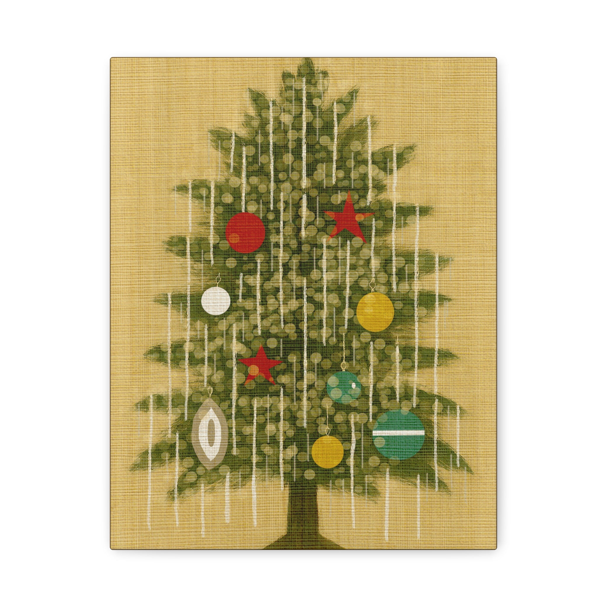 Midwest Mod Seasonal Christmas Art Print -Vintage Tinsel Adorned Tree- Matte Canvas, Stretched, 1.25"