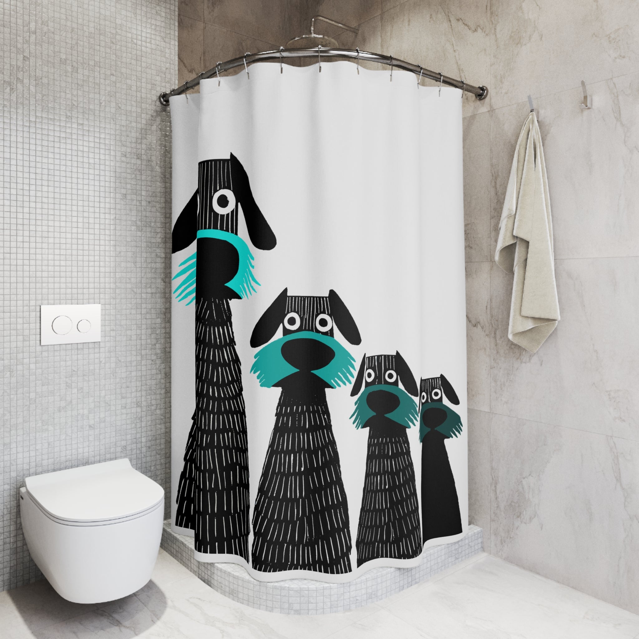 Retro Inspired Wide Eyed Dogs Shower Curtain Turquoise Blue Gradient
