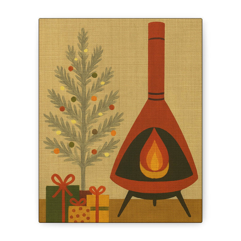 Midwest Mod Seasonal Christmas Art Print - Retro Fireplace and Tinsel Tree - Matte Canvas, Stretched, 1.25"