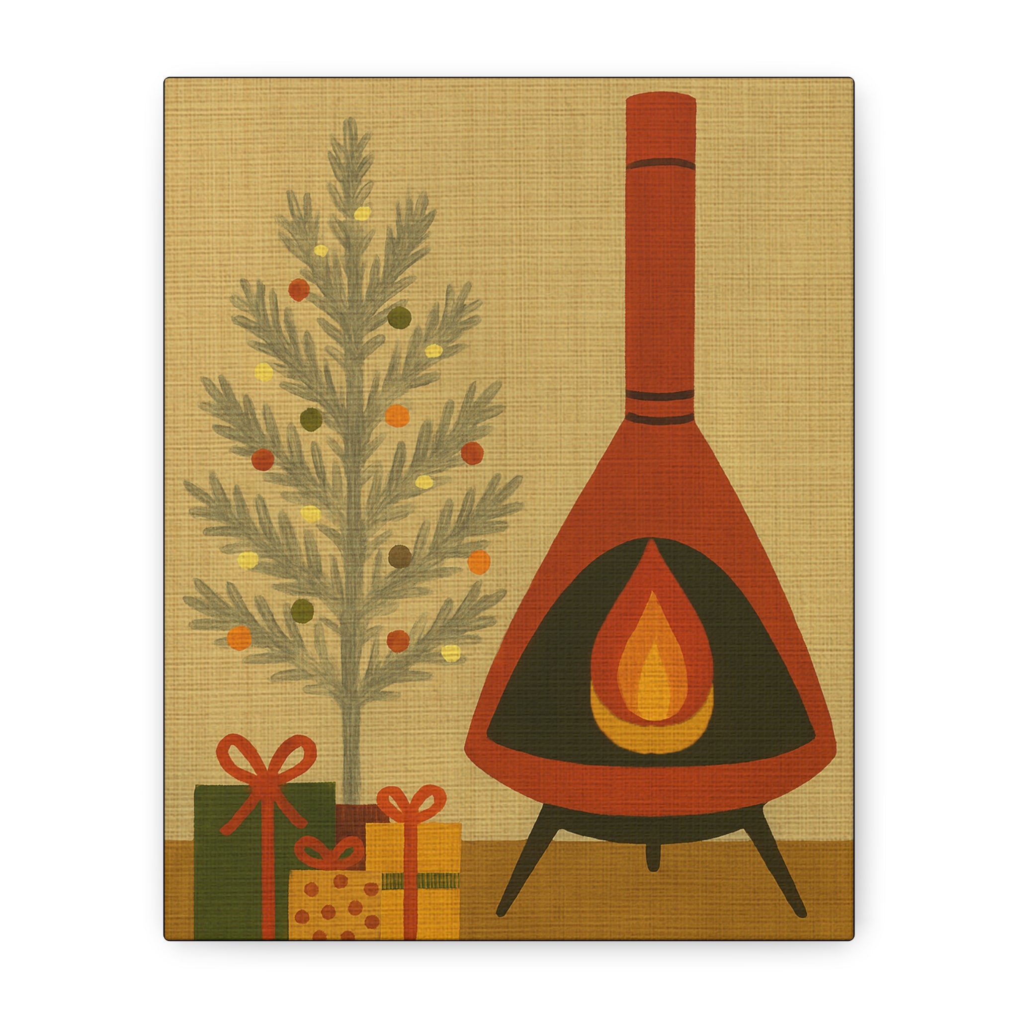 Midwest Mod Seasonal Christmas Art Print - Retro Fireplace and Tinsel Tree - Matte Canvas, Stretched, 1.25"