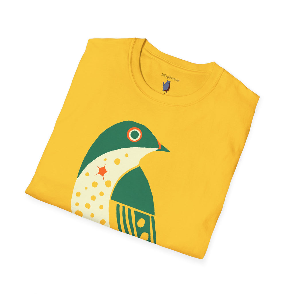Green and Orange Moon Bird Graphic Art Tee - 100% Cotton T-Shirt