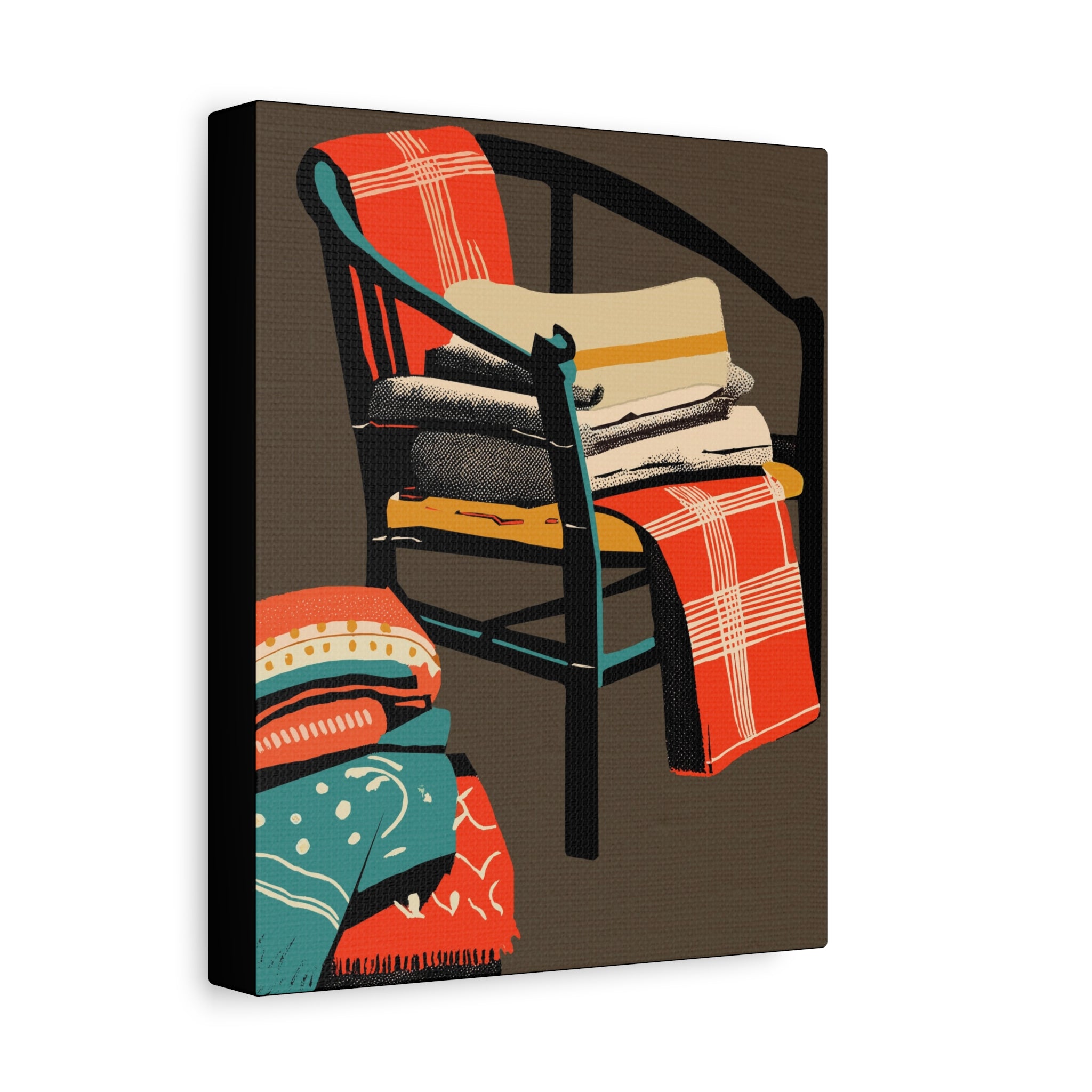 Lake Cabin Camp Chair with Blankets Art Print - Matte Canvas, Stretched, 1.25" -  home decor, wall art, mod chair, blankets, shabby, cabin, camp