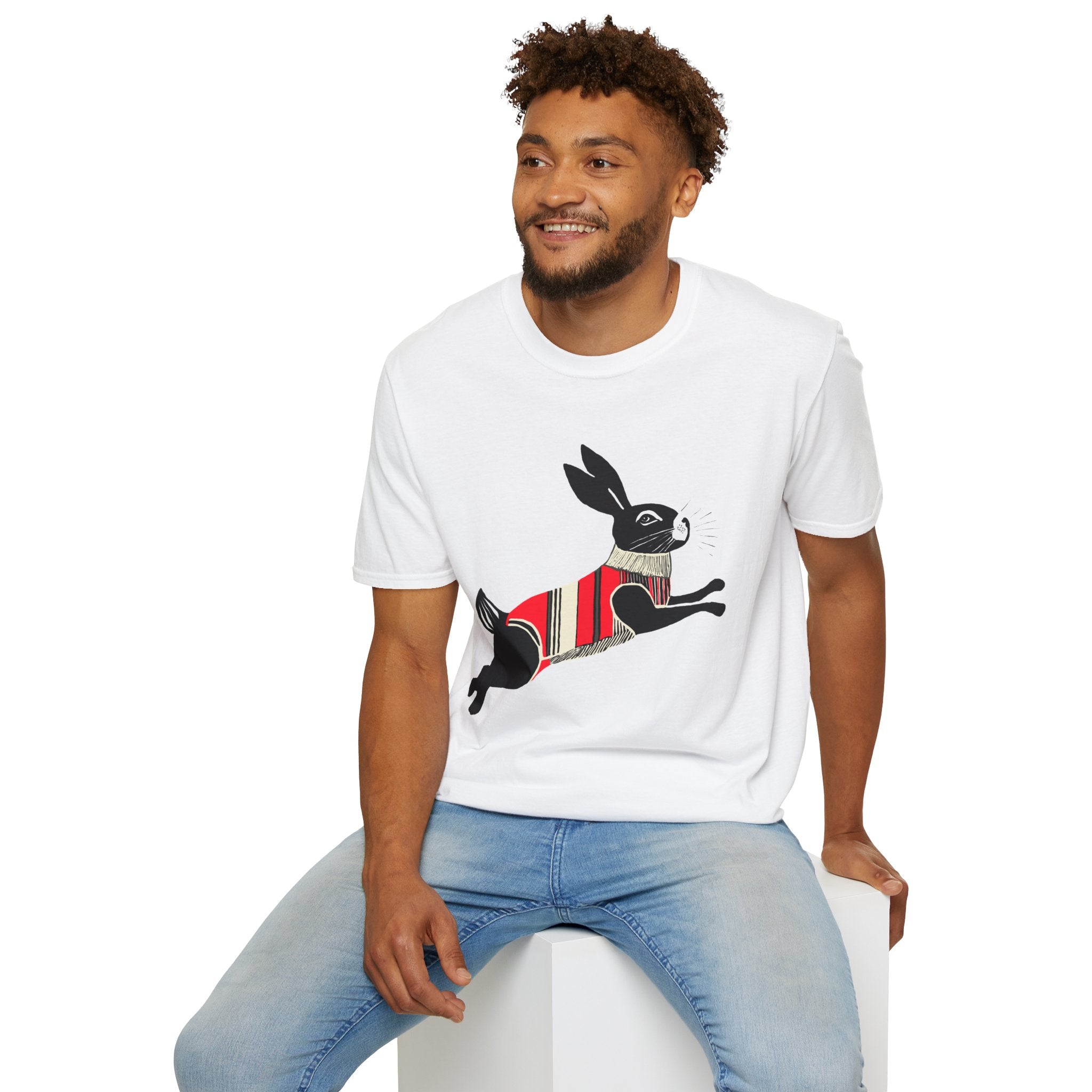 Leaping Bunny in Sweater Graphic Art - 100% Cotton T-Shirt
