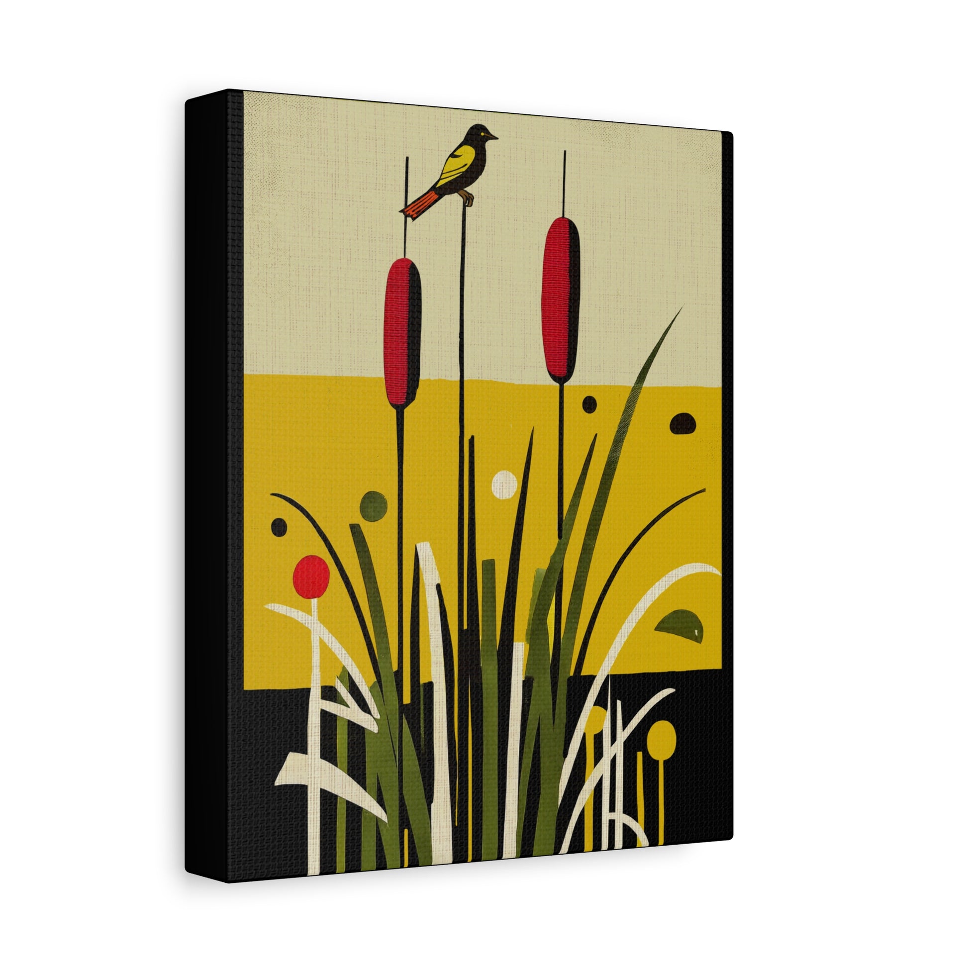 Midwest Mod Cattails with Bird Art Print  - Matte Canvas, Stretched, 1.25"