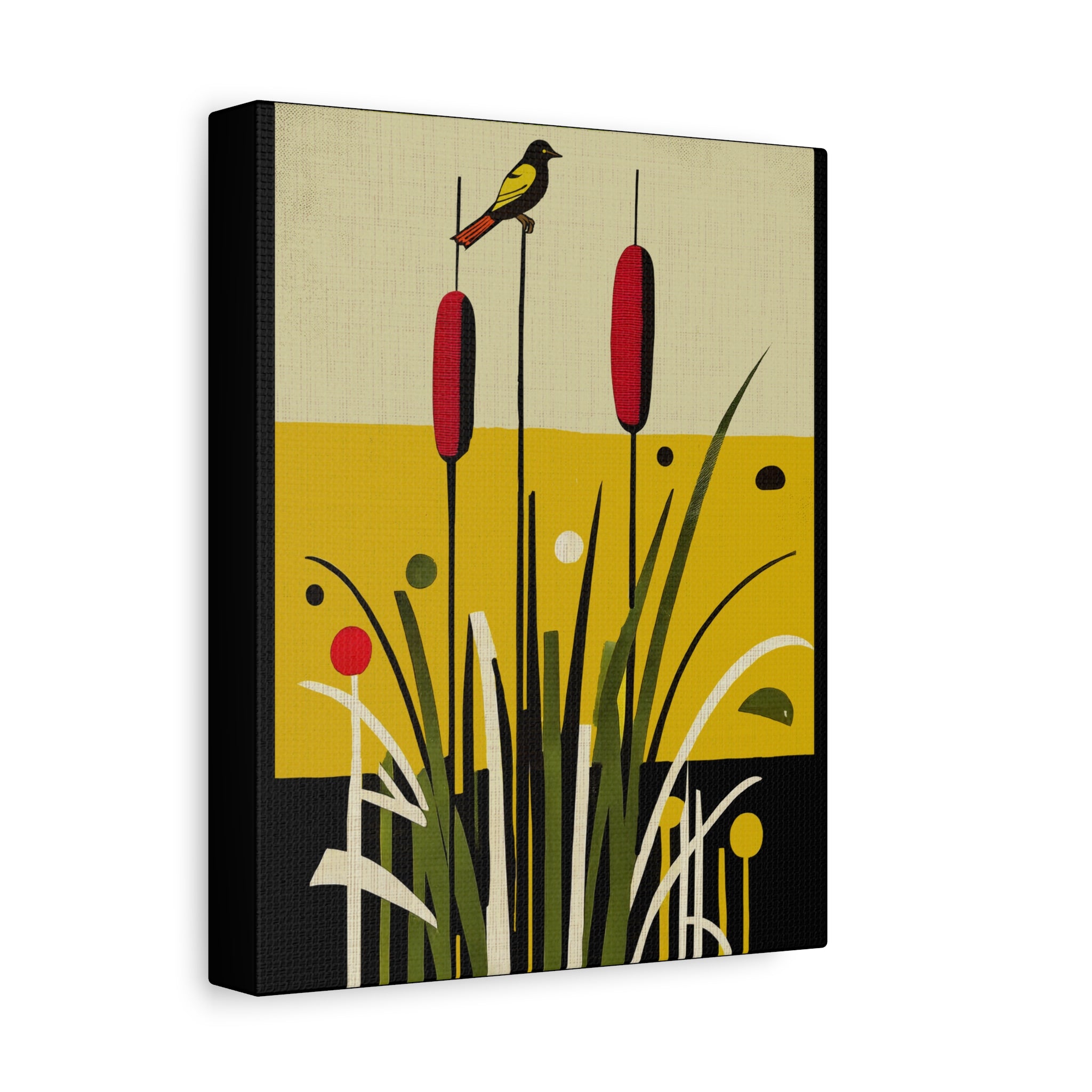 Midwest Mod Cattails with Bird Art Print  - Matte Canvas, Stretched, 1.25"
