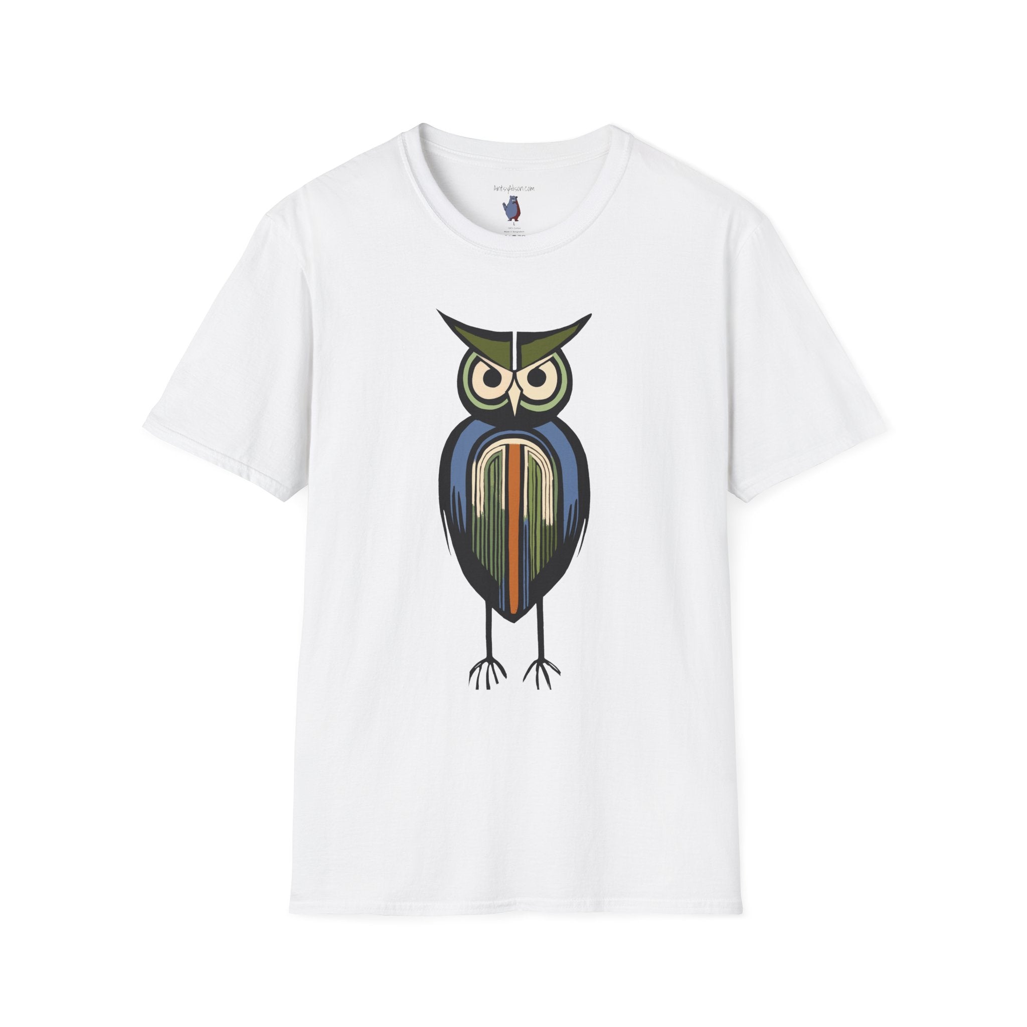Midwest Modern Serious Striped Owl Graphic Art Tee - 100% Cotton T-Shirt
