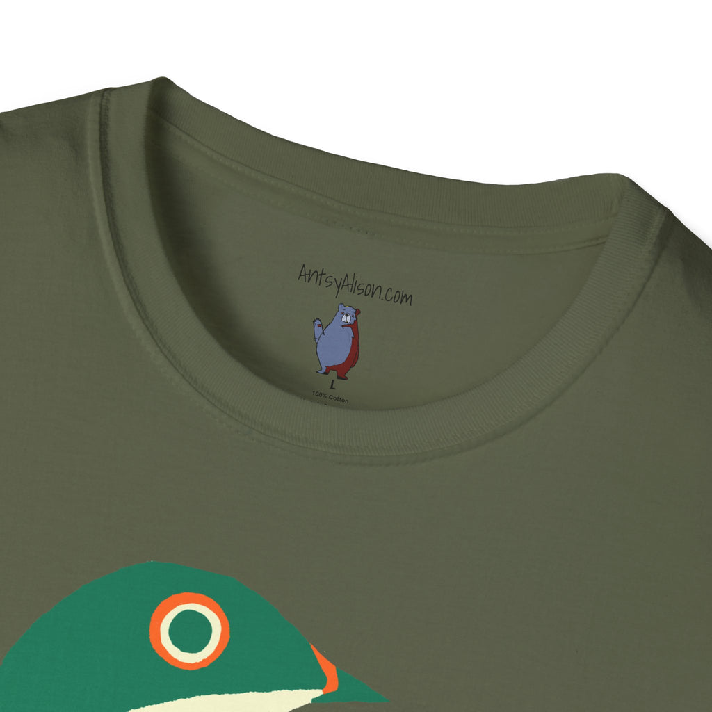 Green and Orange Moon Bird Graphic Art Tee - 100% Cotton T-Shirt