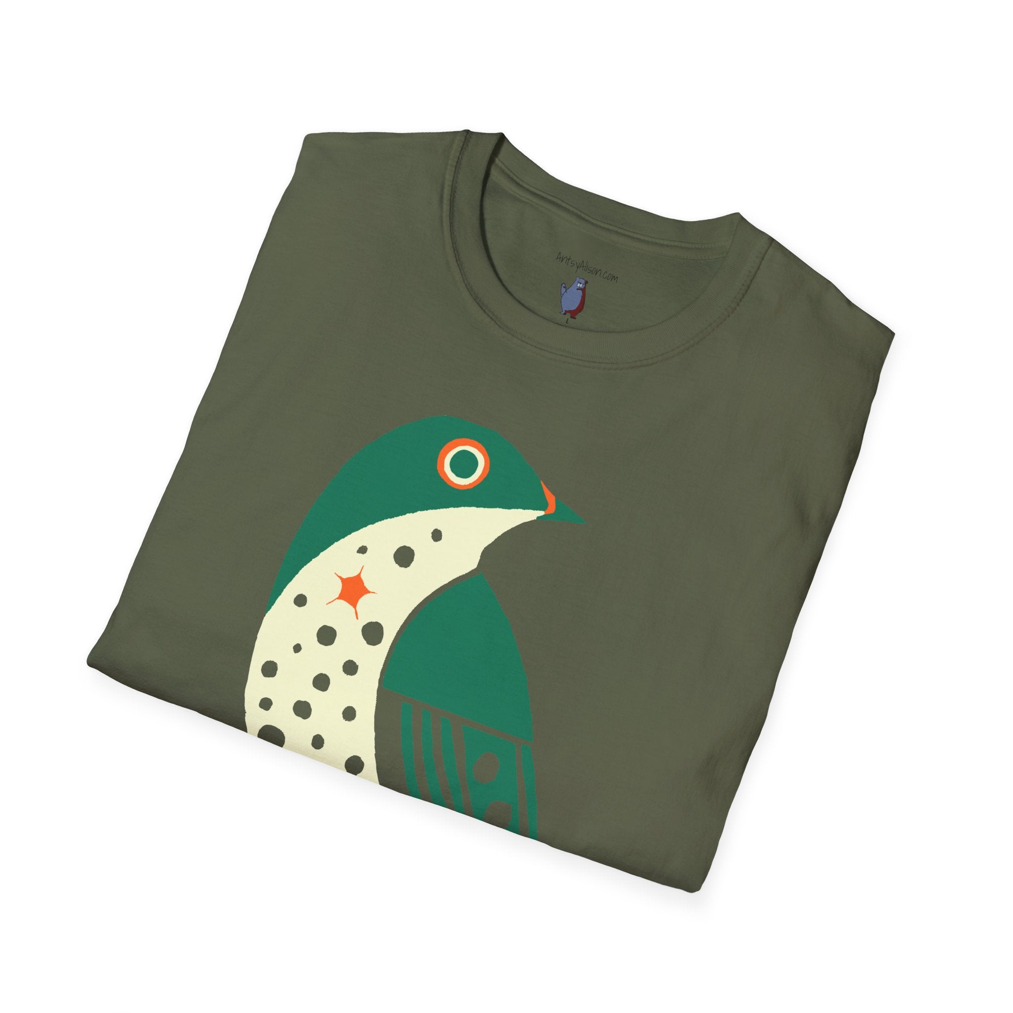 Green and Orange Moon Bird Graphic Art Tee - 100% Cotton T-Shirt