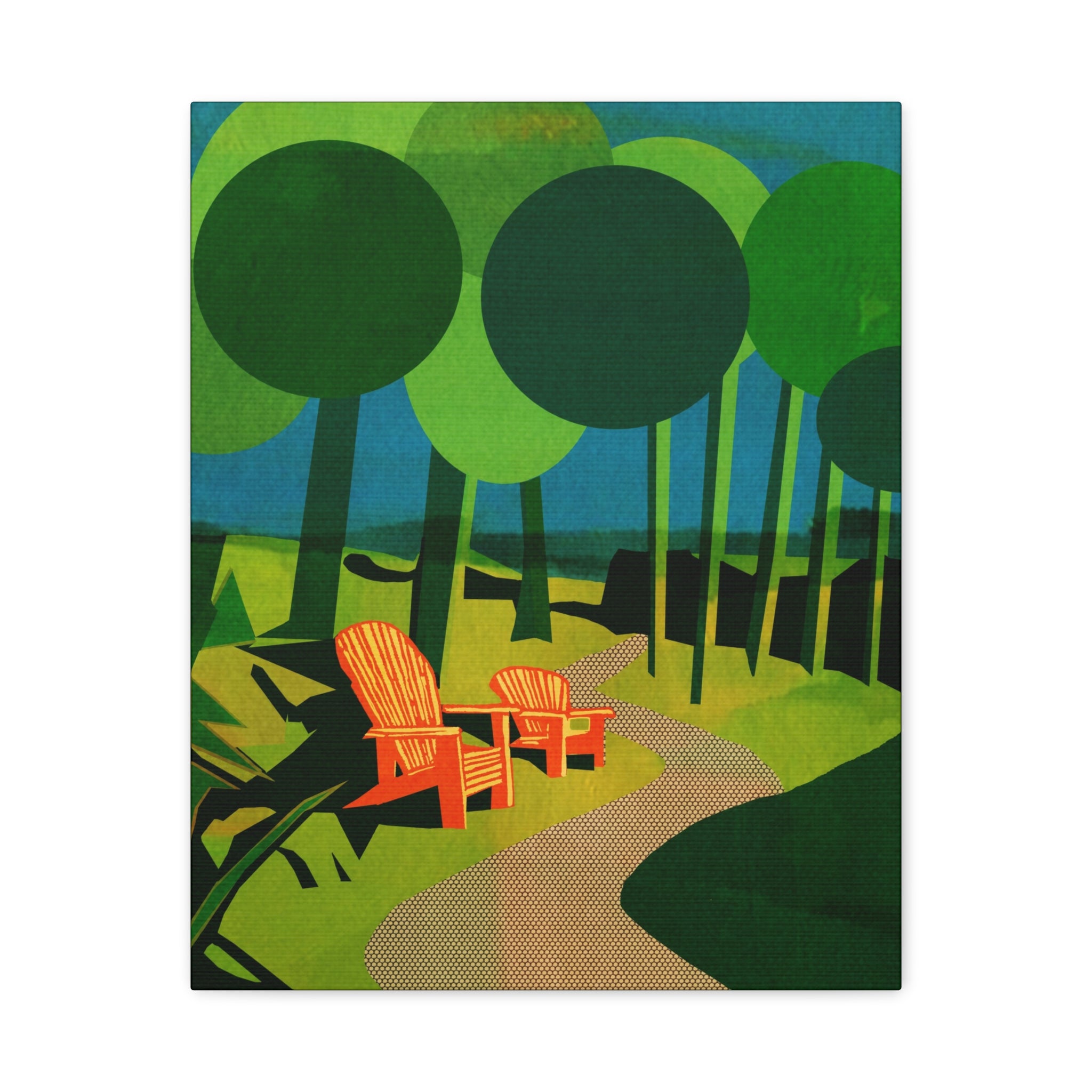 Midwest Modern Camp Adirondack Chairs Art Print - Matte Canvas, Stretched, 1.25" -  home decor, wall art, camp, cabin, cottage, nature, trails