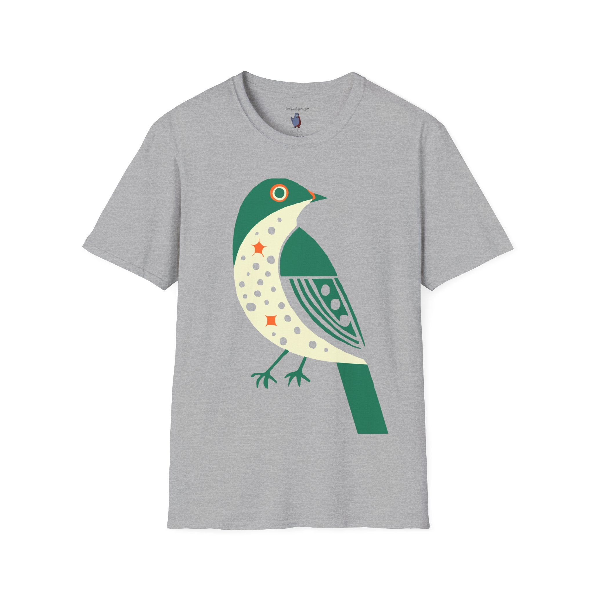 Green and Orange Moon Bird Graphic Art Tee - 100% Cotton T-Shirt