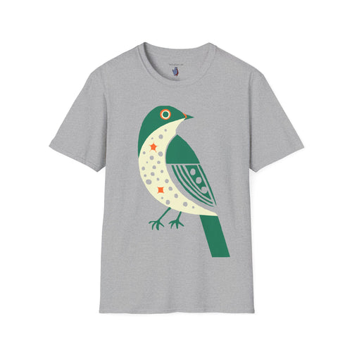 Green and Orange Moon Bird Graphic Art Tee - 100% Cotton T-Shirt