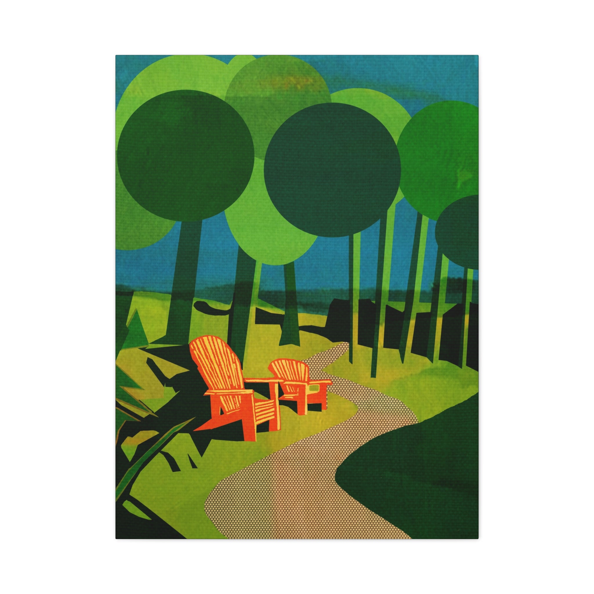 Midwest Modern Camp Adirondack Chairs Art Print - Matte Canvas, Stretched, 1.25" -  home decor, wall art, camp, cabin, cottage, nature, trails