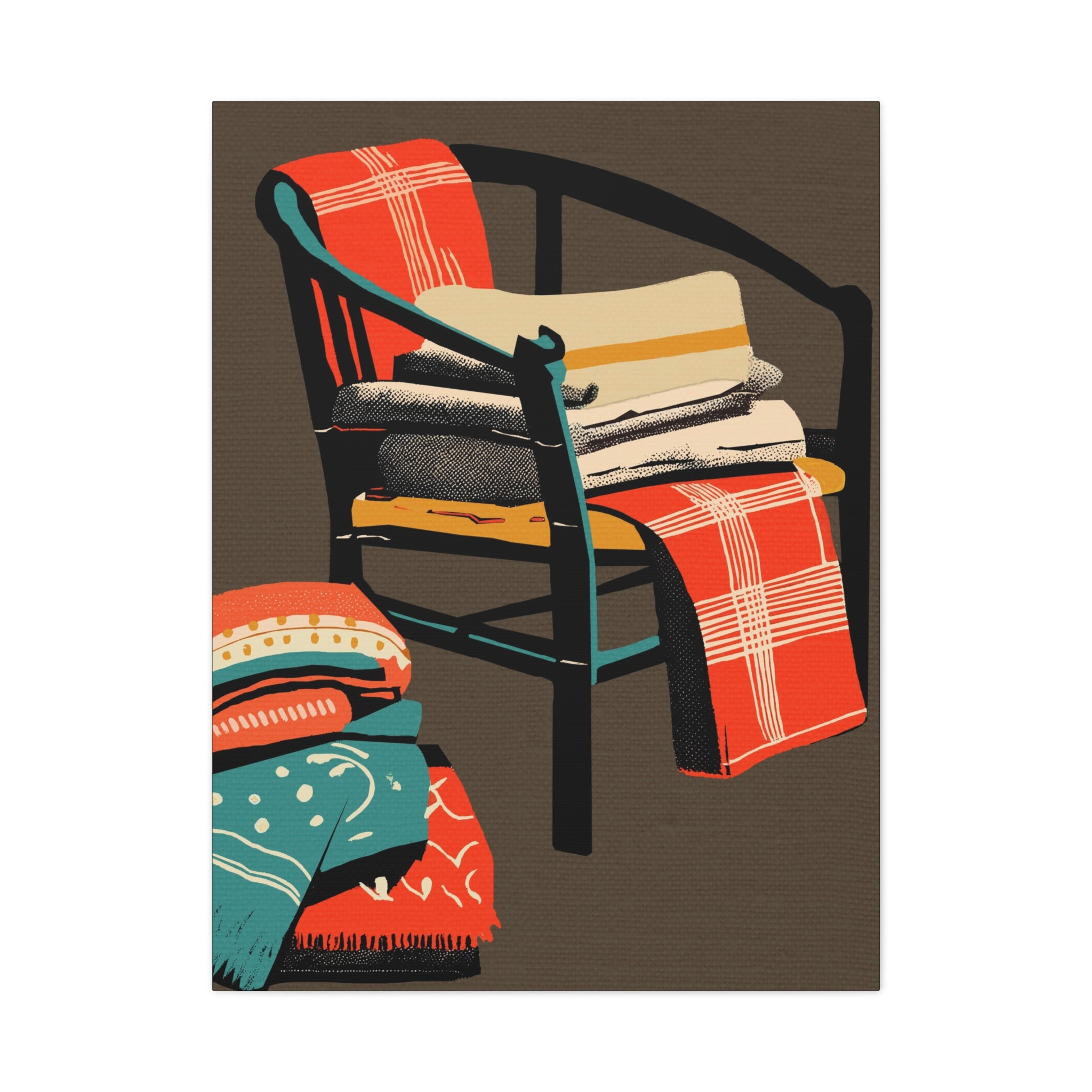 Lake Cabin Camp Chair with Blankets Art Print - Matte Canvas, Stretched, 1.25" -  home decor, wall art, mod chair, blankets, shabby, cabin, camp